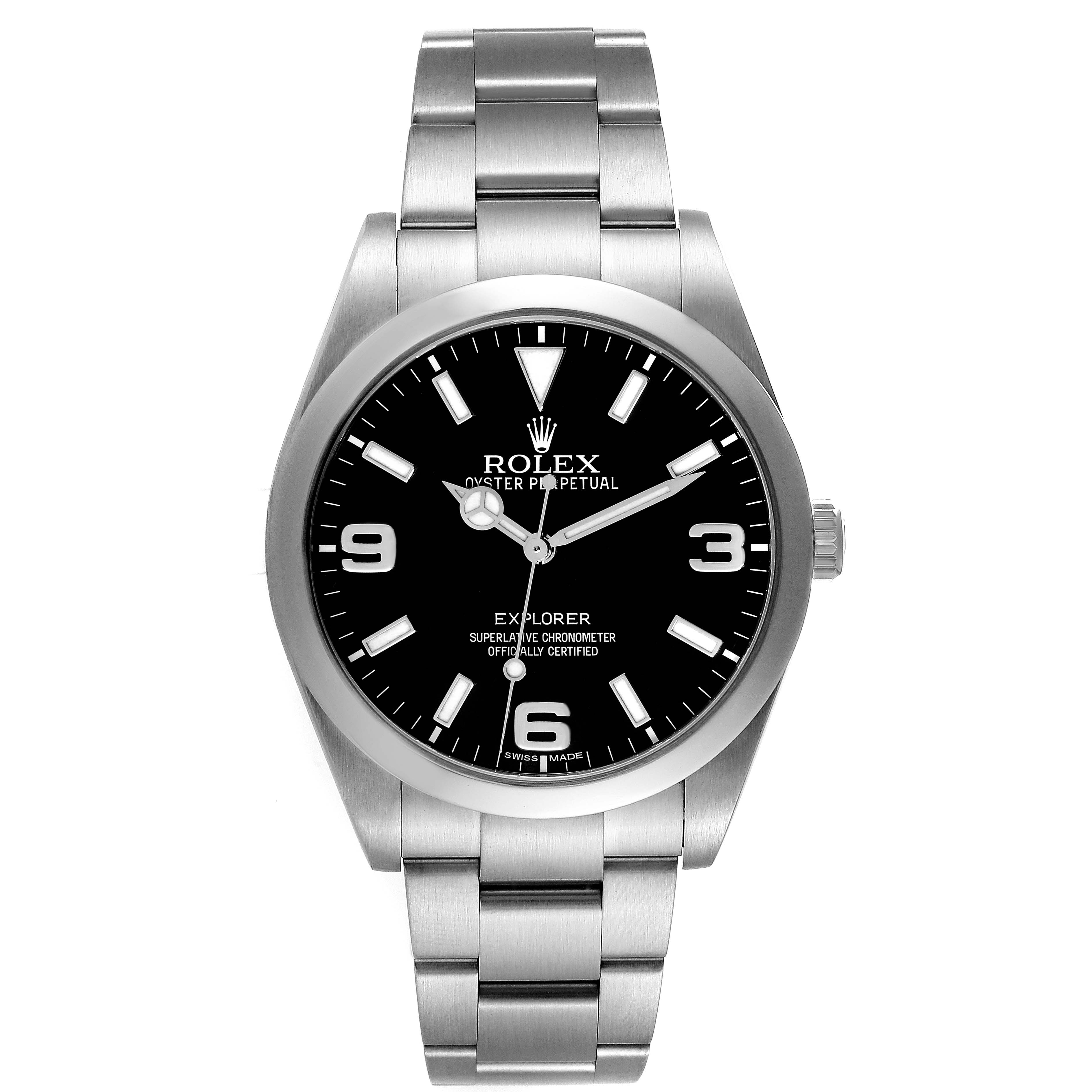 The image shows a front view of a Rolex Explorer 214270 Men
s Stainless Steel Black Dial 214270 Men
s Stainless Steel Black Dial watch, highlighting its black dial, stainless steel case, and bracelet.