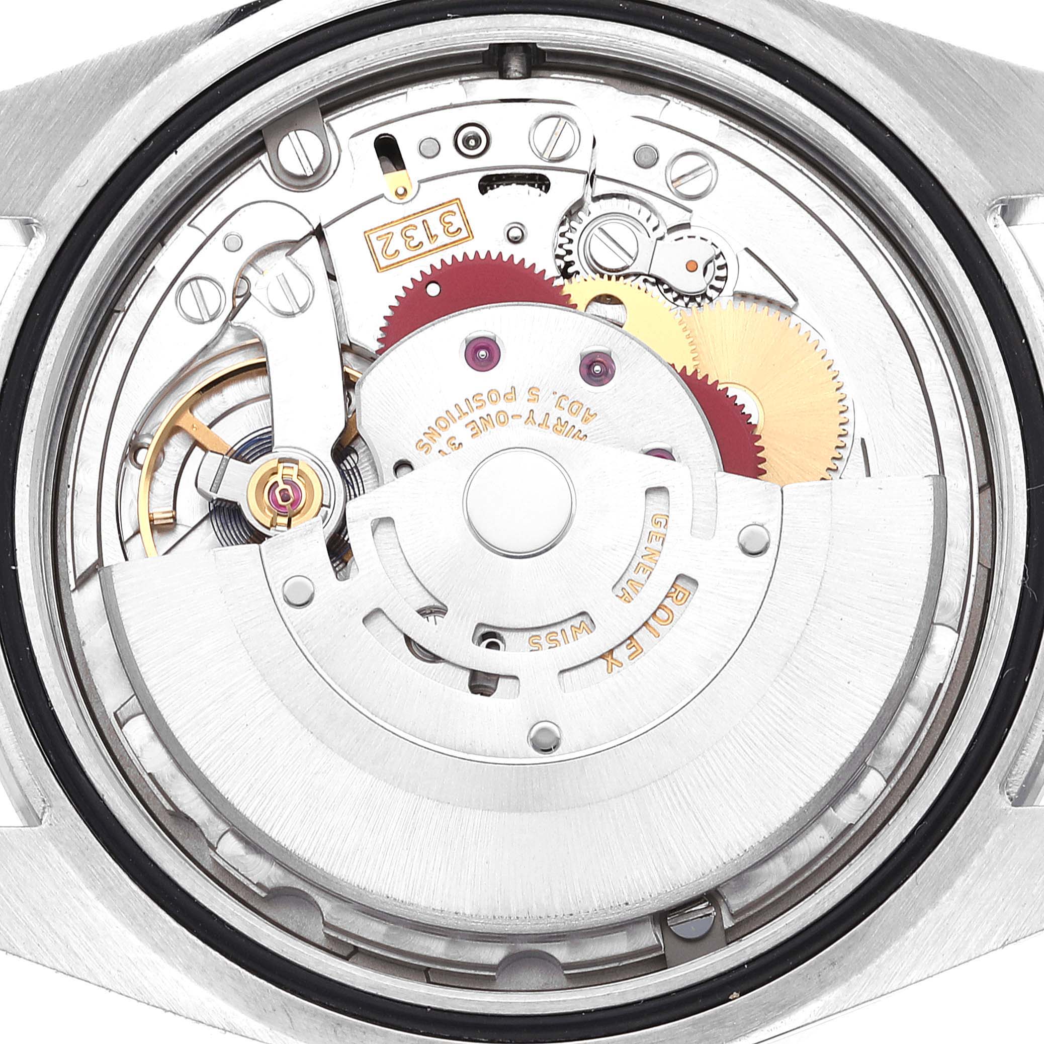 This image shows the movement mechanism of a Rolex Explorer 214270 Men
s Stainless Steel Black Dial 214270 Men
s Stainless Steel Black Dial watch from a straight-on back view.