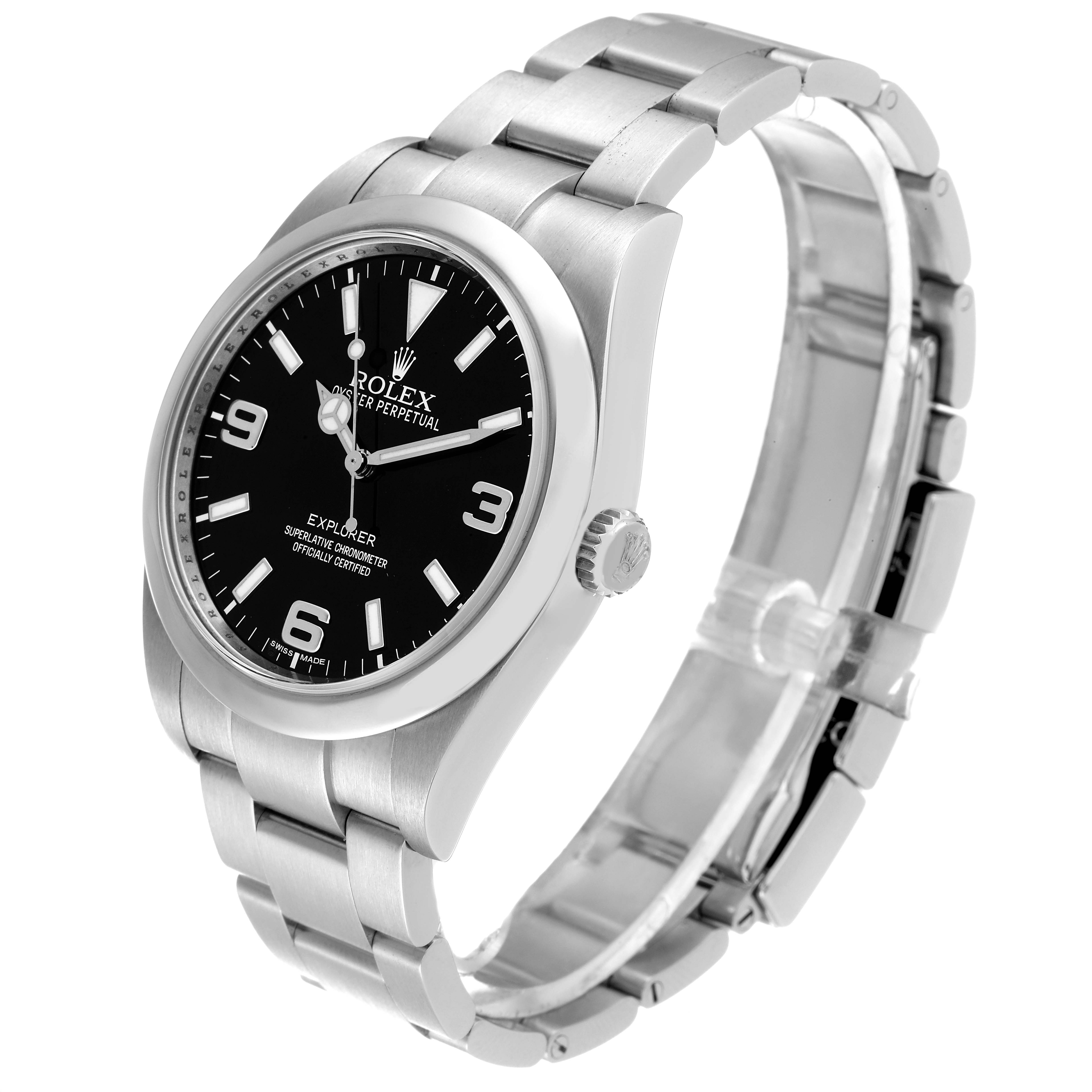The Rolex Explorer 214270 Men
s Stainless Steel Black Dial 214270 Men
s Stainless Steel Black Dial watch is shown at a slight angle, highlighting the face, bezel, crown, and stainless steel bracelet.