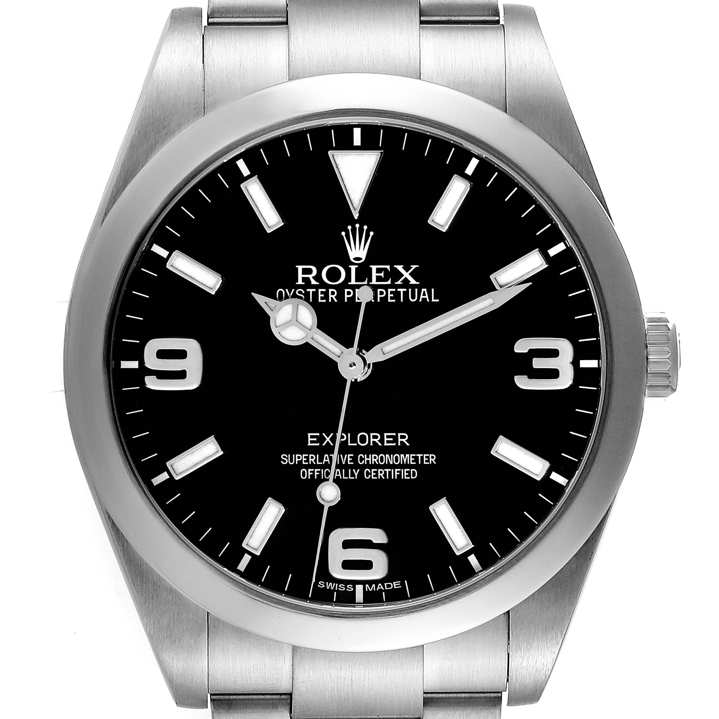 The Rolex Explorer 214270 Men
s Stainless Steel Black Dial 214270 Men
s Stainless Steel Black Dial watch is shown from a front angle, highlighting its face, bezel, and part of the bracelet.