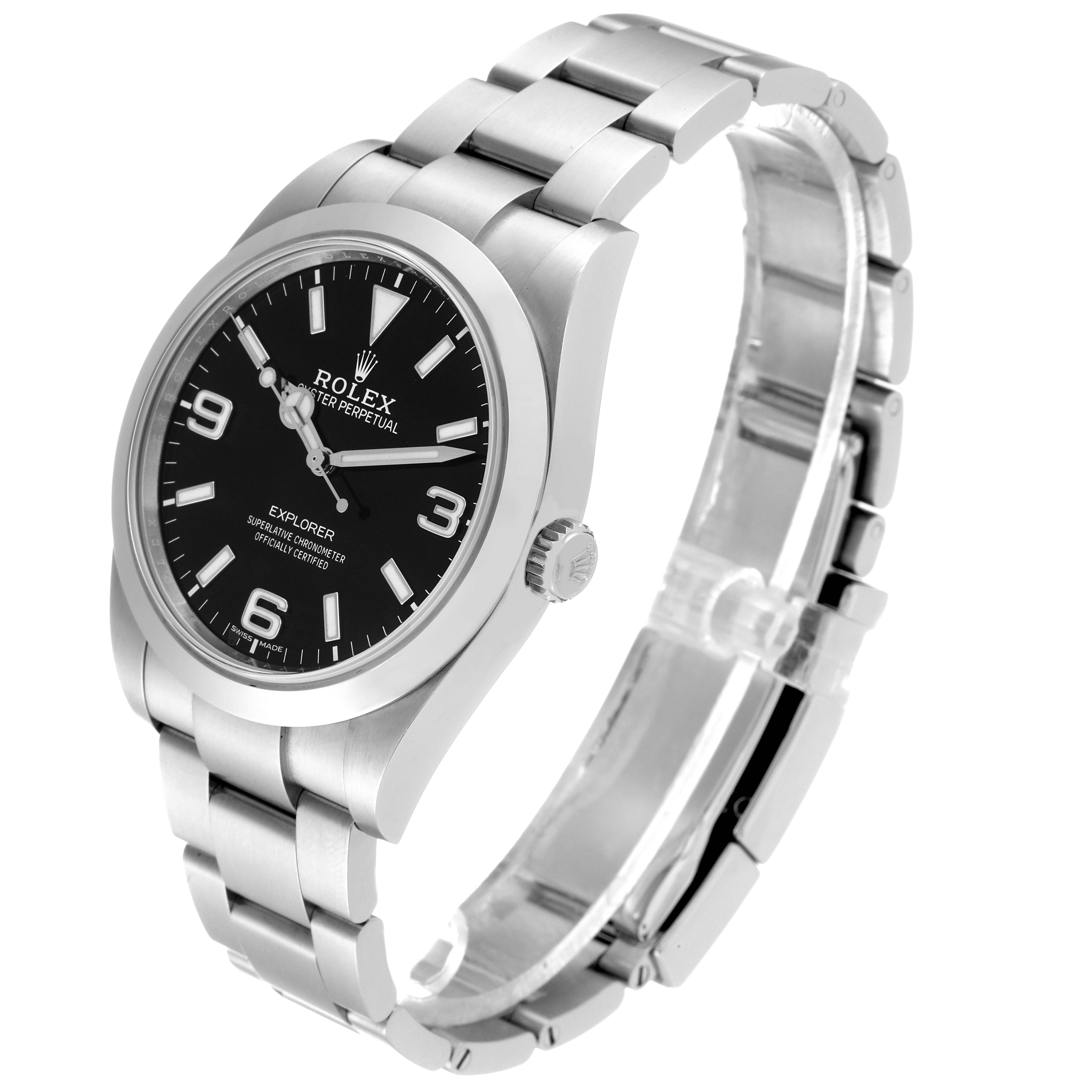 The image shows a Rolex Explorer 214270 Men
s Stainless Steel Black Dial 214270 Men
s Stainless Steel Black Dial watch at an angle displaying the dial, case, crown, and bracelet.