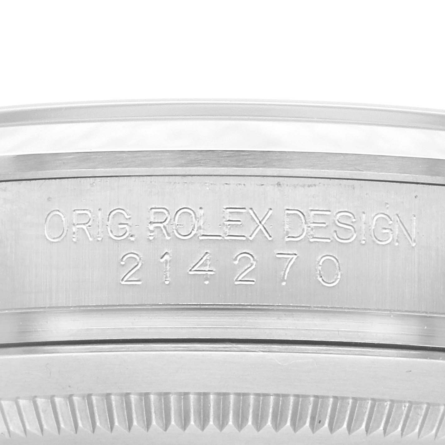 This image shows the side view of the case of a Rolex Explorer 214270 Men
s Stainless Steel Black Dial 214270 Men
s Stainless Steel Black Dial watch, highlighting the model number and "Orig. Rolex Design" engraving.