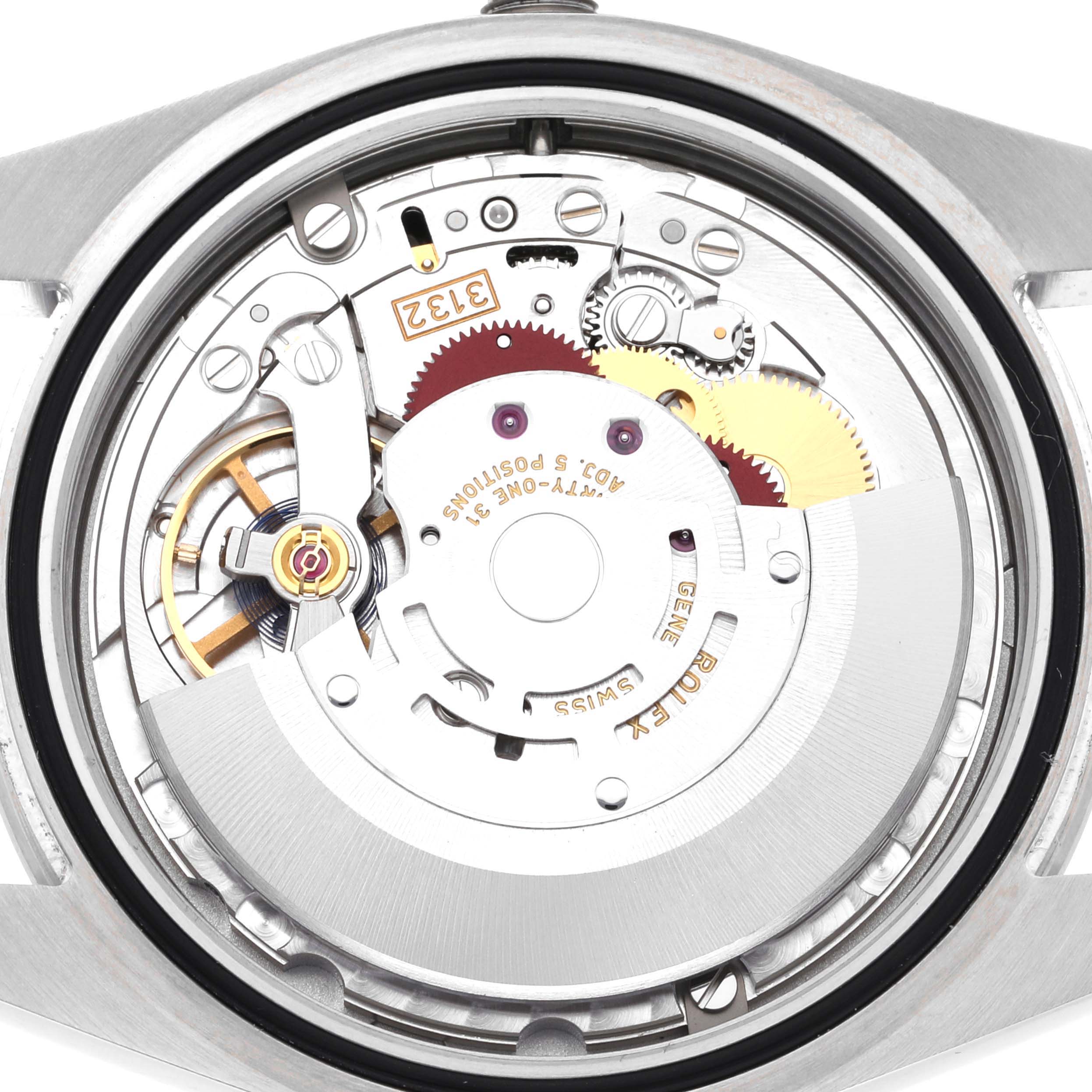This image shows the intricate internal mechanics of a Rolex Explorer 214270 Men
s Stainless Steel Black Dial 214270 Men
s Stainless Steel Black Dial watch from a close-up, rear view angle.