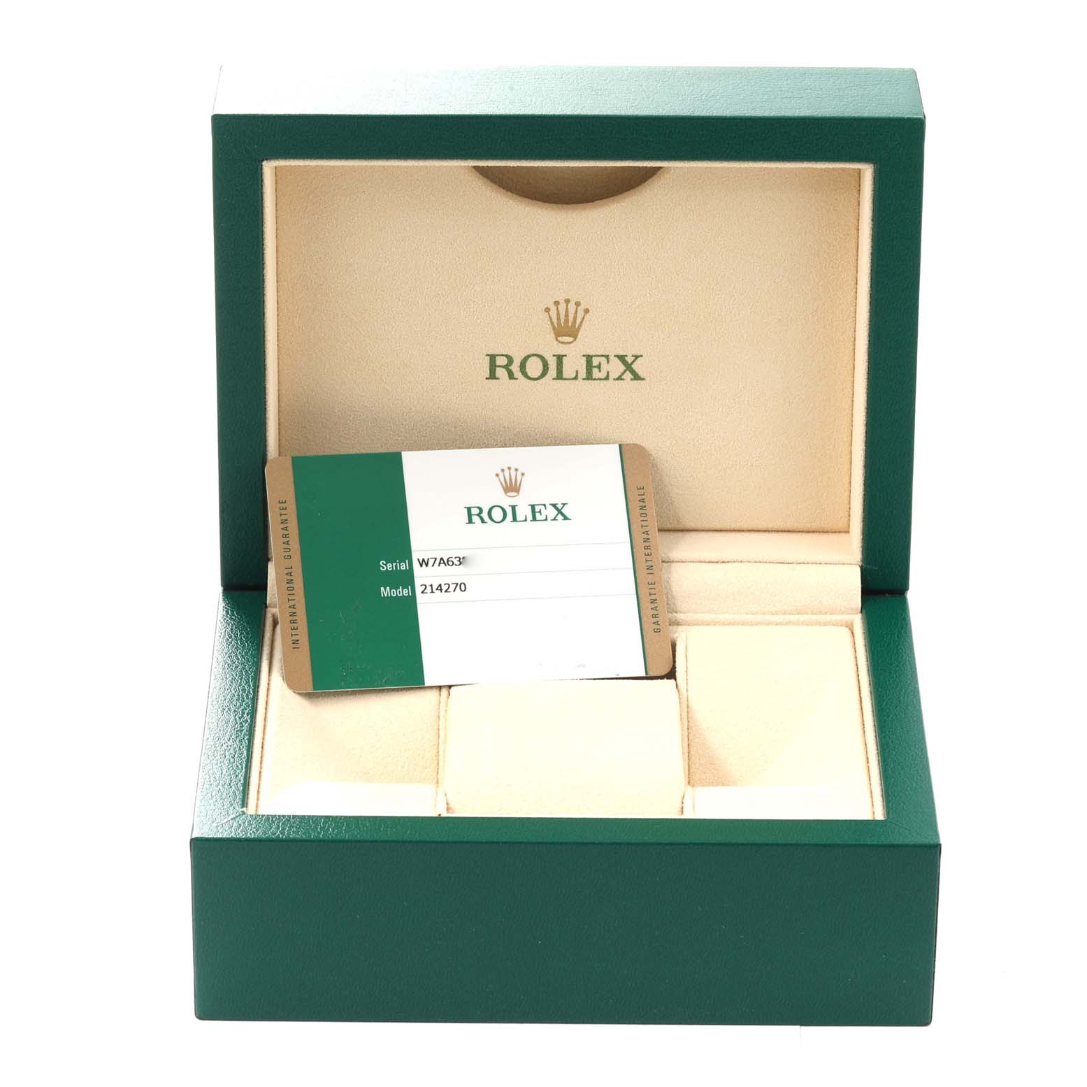 The image shows a green Rolex box with an interior label for the Rolex Explorer 214270 Men
s Stainless Steel Black Dial 214270 Men
s Stainless Steel Black Dial model 214270 and an international guarantee card.