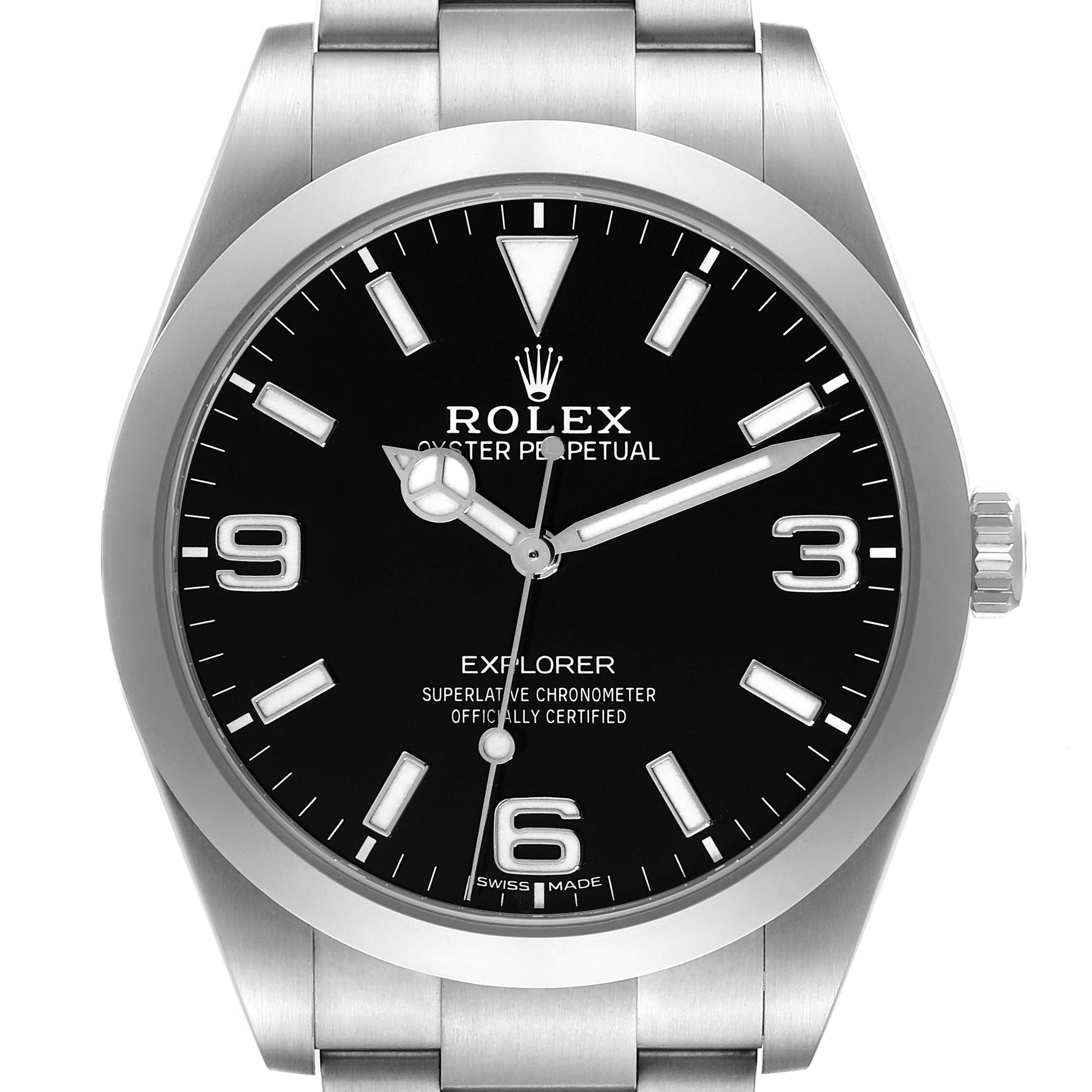 The image shows a front view of the Rolex Explorer 214270 Men
s Stainless Steel Black Dial 214270 Men
s Stainless Steel Black Dial watch, highlighting its black dial, hour markers, hands, and stainless steel bracelet.