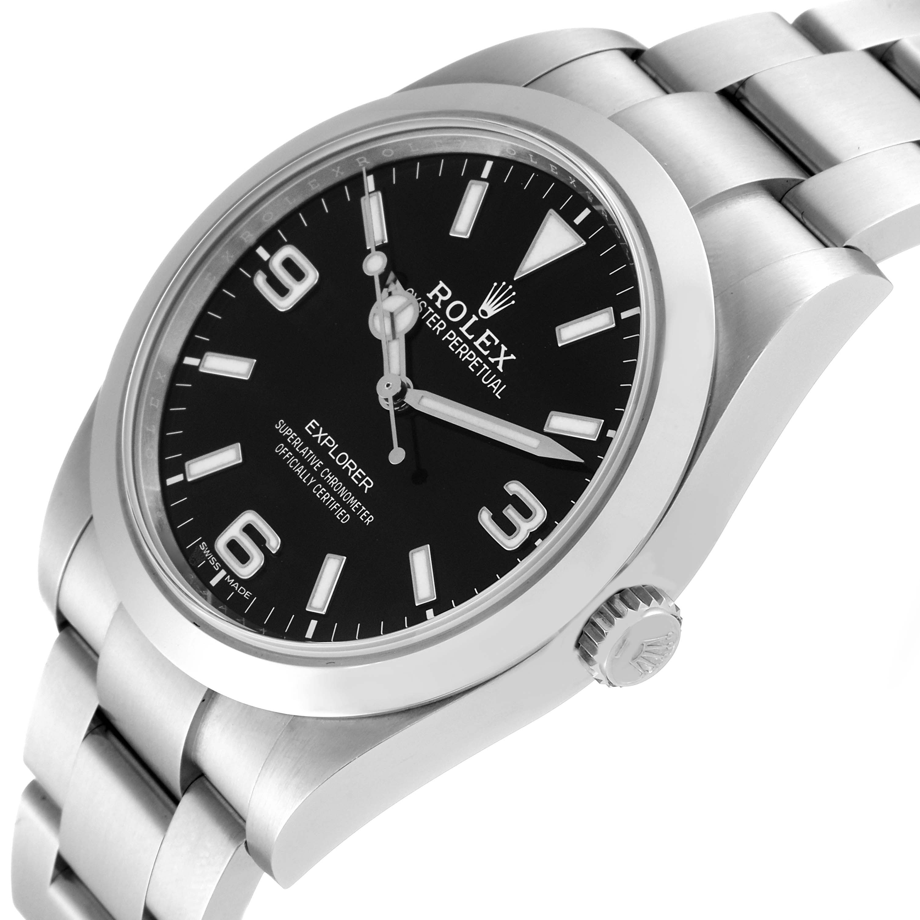 This image shows a Rolex Explorer 214270 Men
s Stainless Steel Black Dial 214270 Men
s Stainless Steel Black Dial watch at a slight angle, highlighting its black dial, stainless steel case, bracelet, and crown.