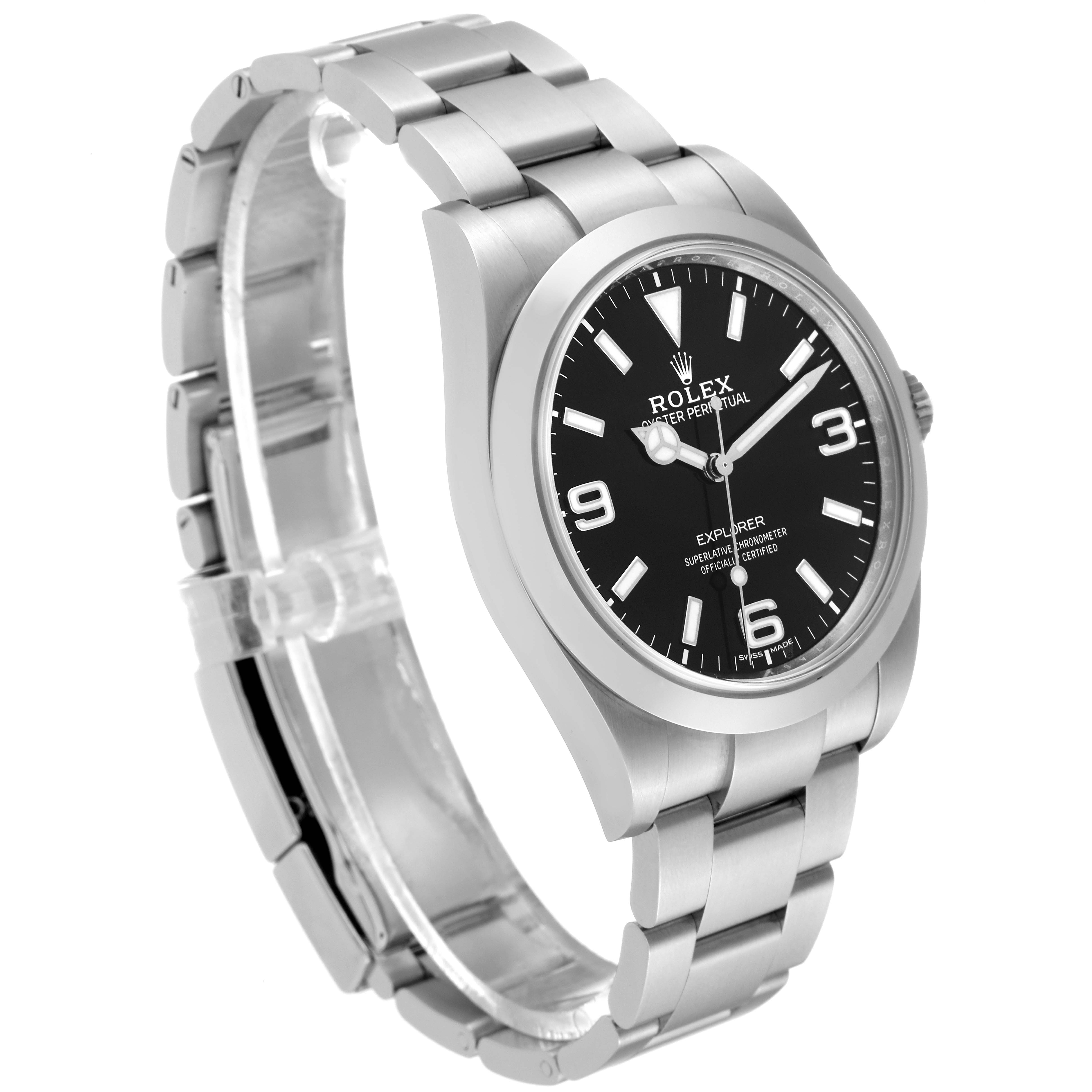 This image shows a side and partial top view of a Rolex Explorer 214270 Men
s Stainless Steel Black Dial 214270 Men
s Stainless Steel Black Dial watch, highlighting the dial, bezel, and bracelet.