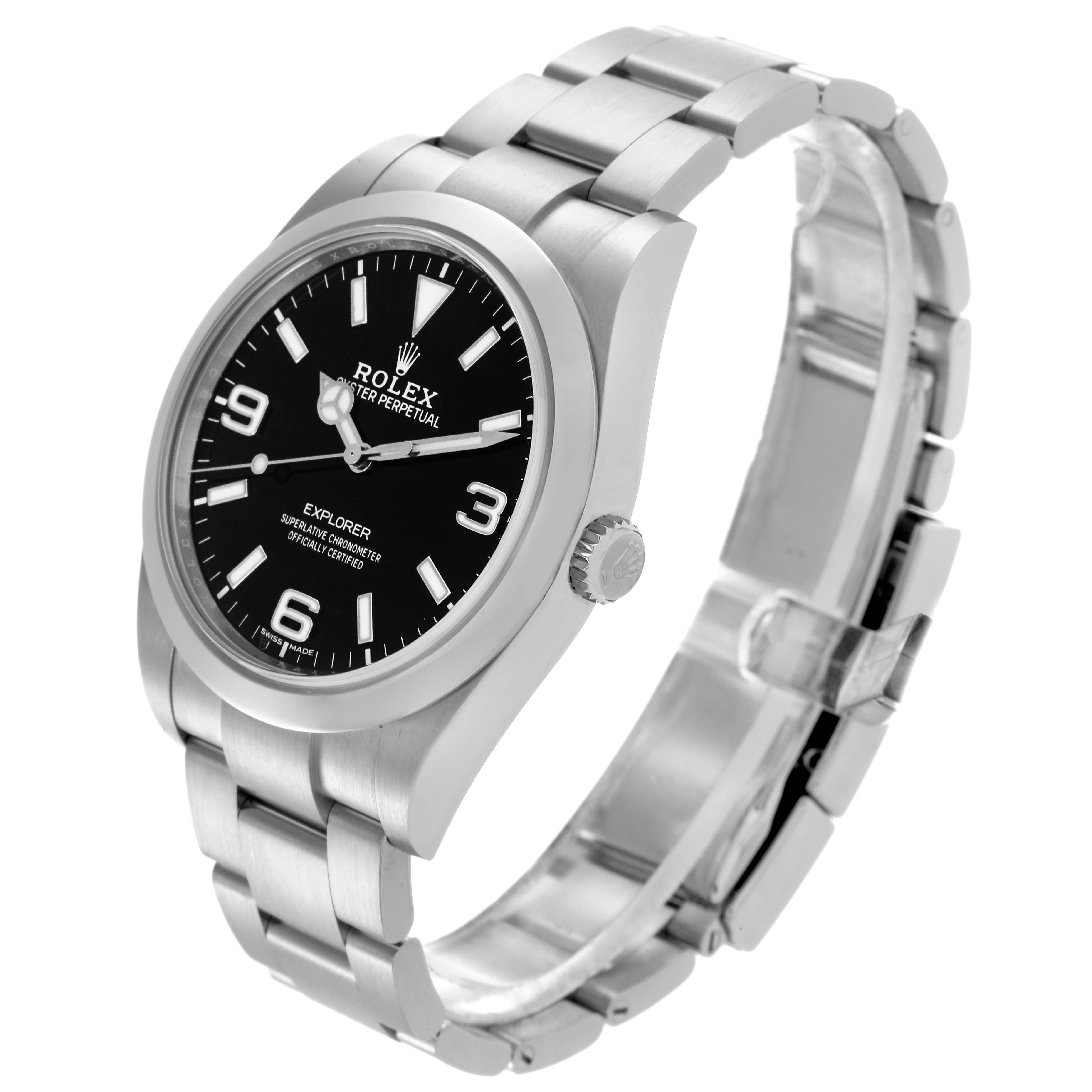 The Rolex Explorer 214270 Men's Stainless Steel Black Dial 214270 Men's Stainless Steel Black Dial watch is shown at a three-quarter angle, highlighting the face, bezel, crown, and bracelet.