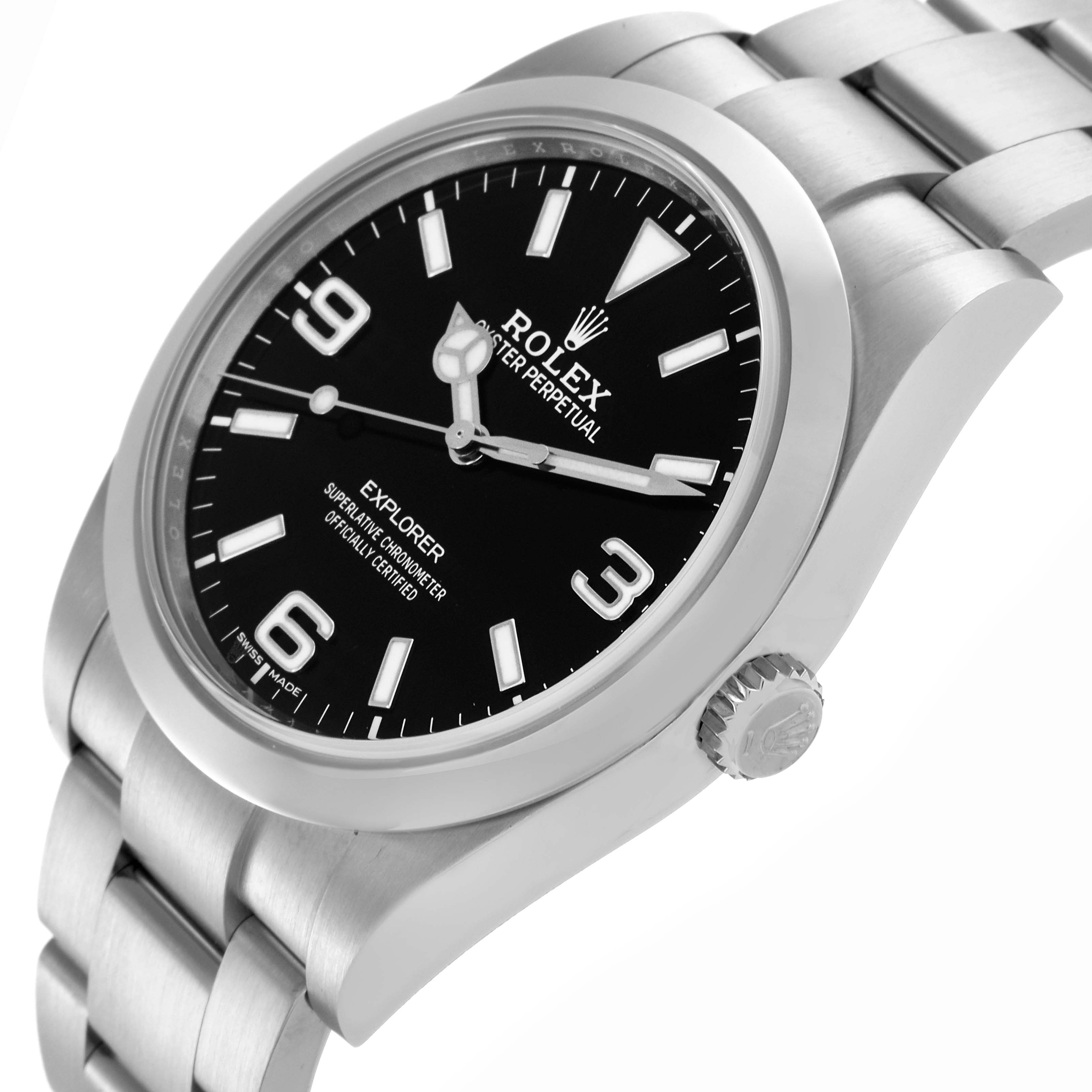 The image shows a side angle view of a Rolex Explorer 214270 Men's Stainless Steel Black Dial 214270 Men's Stainless Steel Black Dial watch, highlighting its dial, crown, and bracelet.