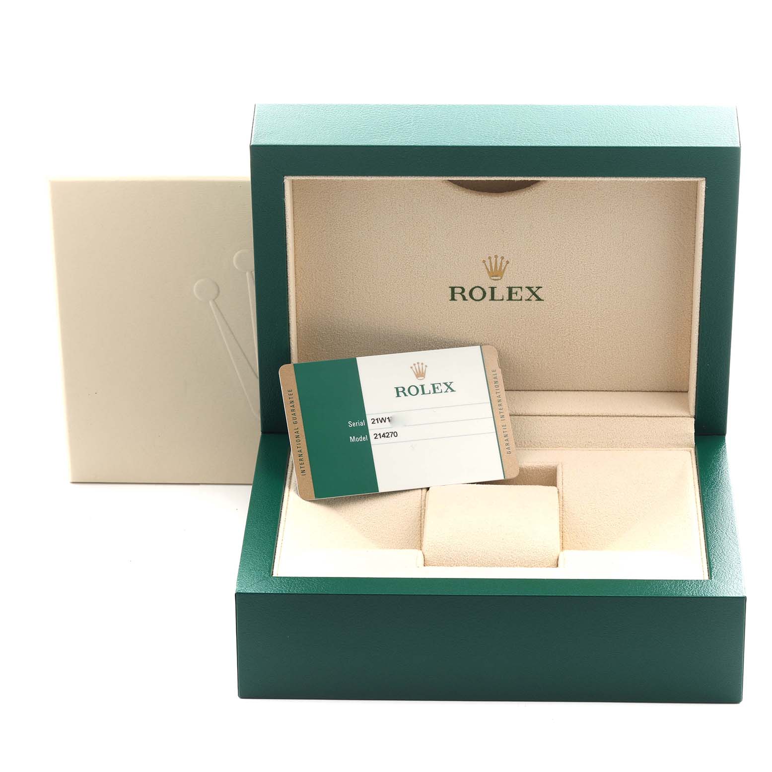 The image shows an open Rolex Explorer 214270 Men's Stainless Steel Black Dial 214270 Men's Stainless Steel Black Dial watch box with a warranty card, viewed from a front angle.