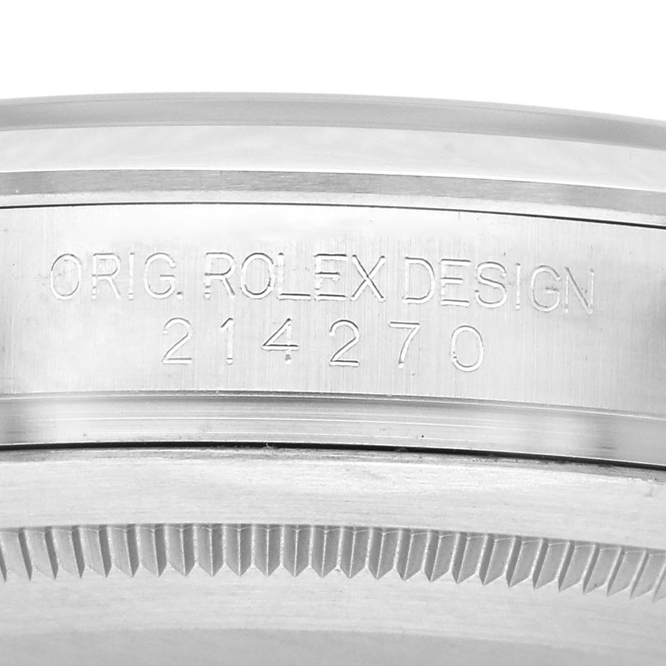 This image shows an angled close-up of the Rolex Explorer 214270 Men's Stainless Steel Black Dial 214270 Men's Stainless Steel Black Dial's side, highlighting the engraved model number "214270."