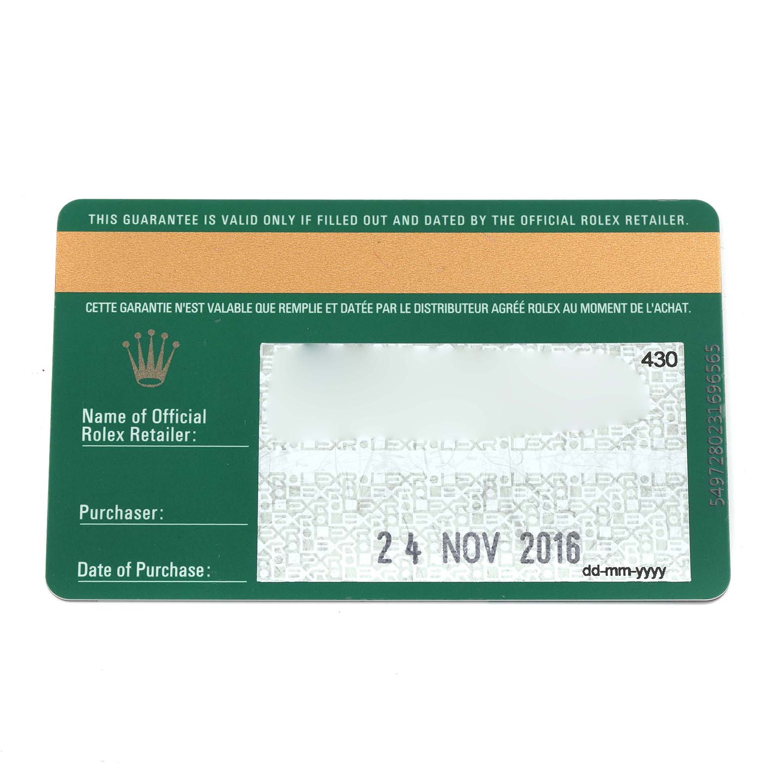 The image shows a warranty card for a Rolex Explorer 214270 Men's Stainless Steel Black Dial 214270 Men's Stainless Steel Black Dial watch.