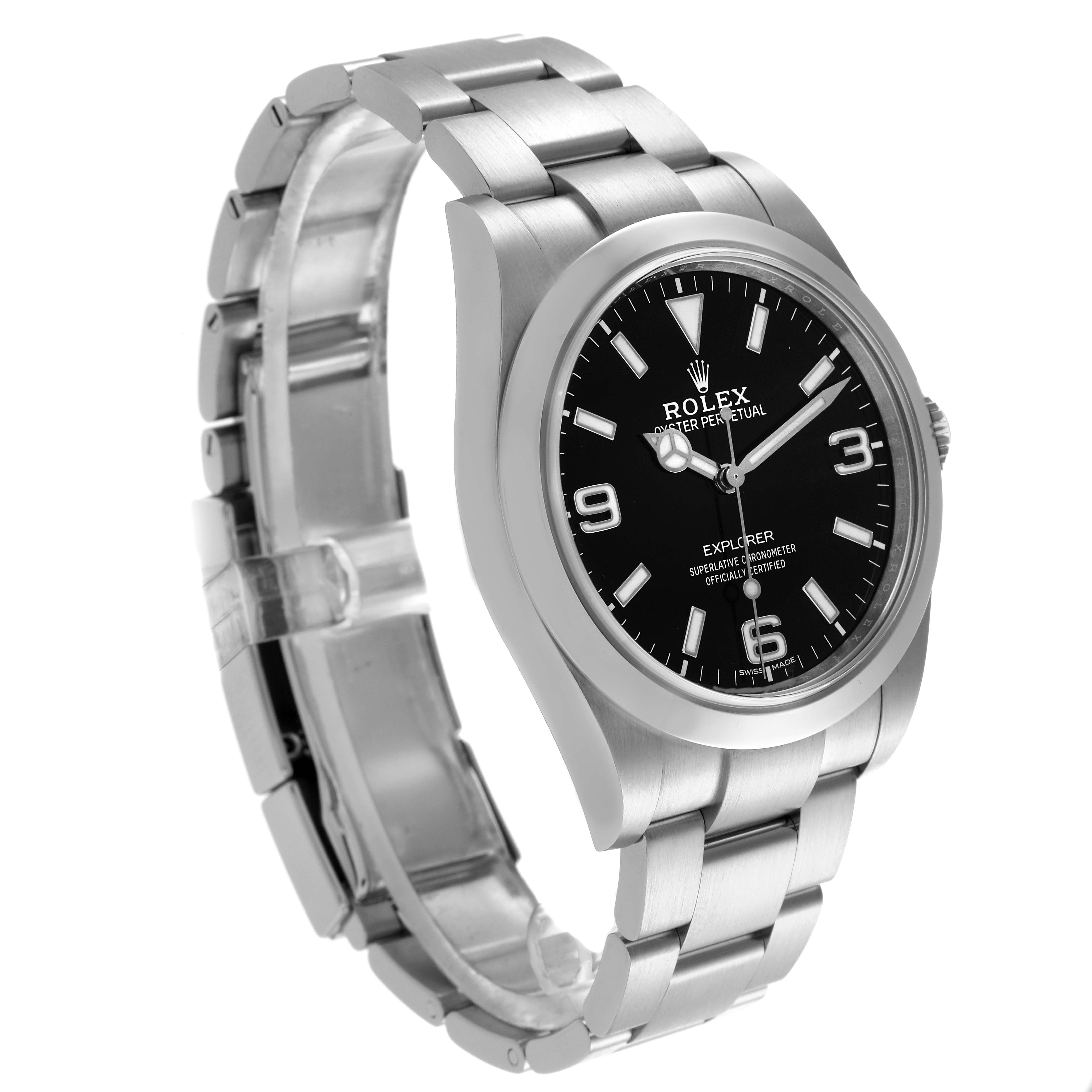 The Rolex Explorer 214270 Men's Stainless Steel Black Dial 214270 Men's Stainless Steel Black Dial watch is shown at a three-quarter angle, displaying the face and bracelet clearly.