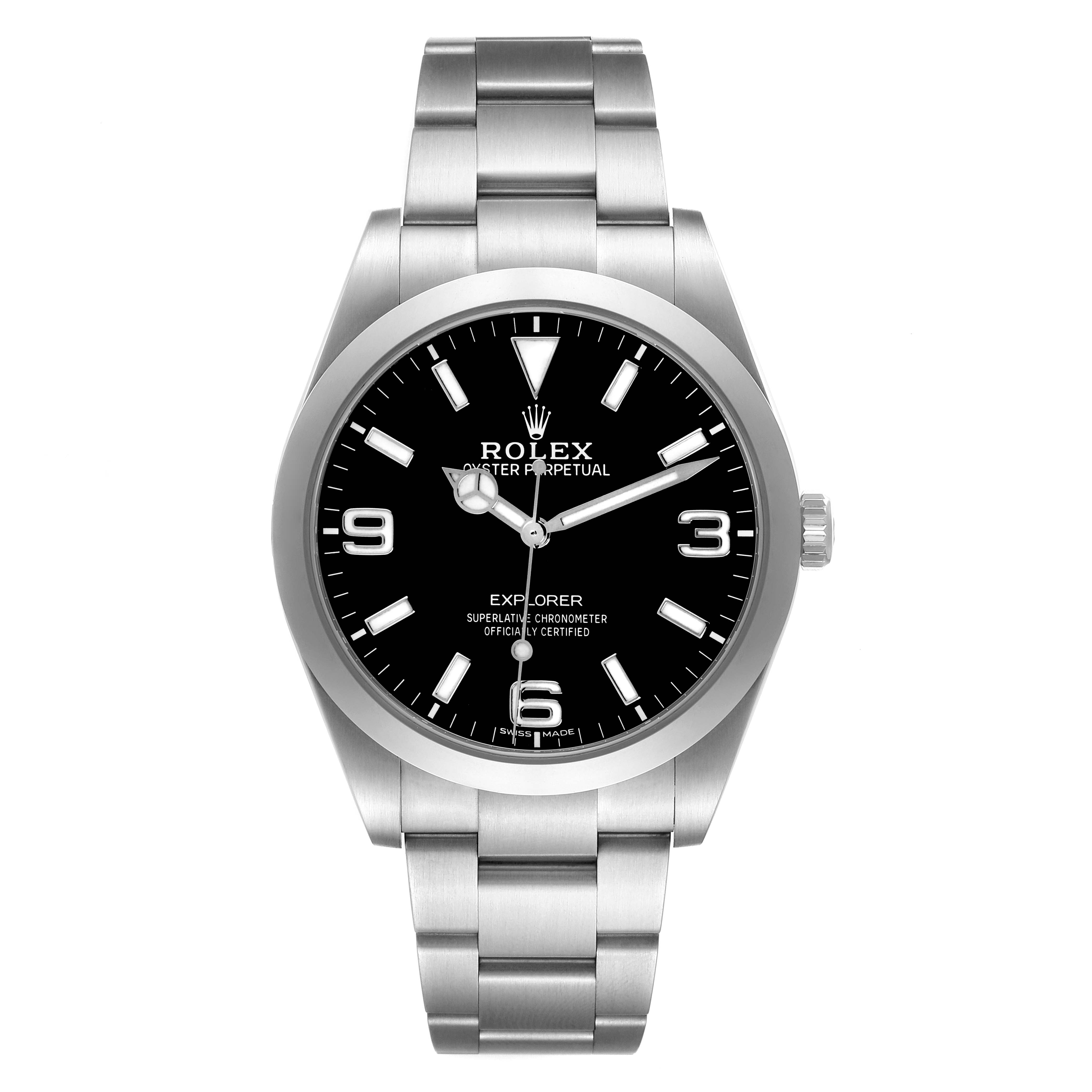 The Rolex Explorer 214270 Men's Stainless Steel Black Dial 214270 Men's Stainless Steel Black Dial watch is shown from a straight-on angle, displaying its face, bezel, and bracelet in full view.