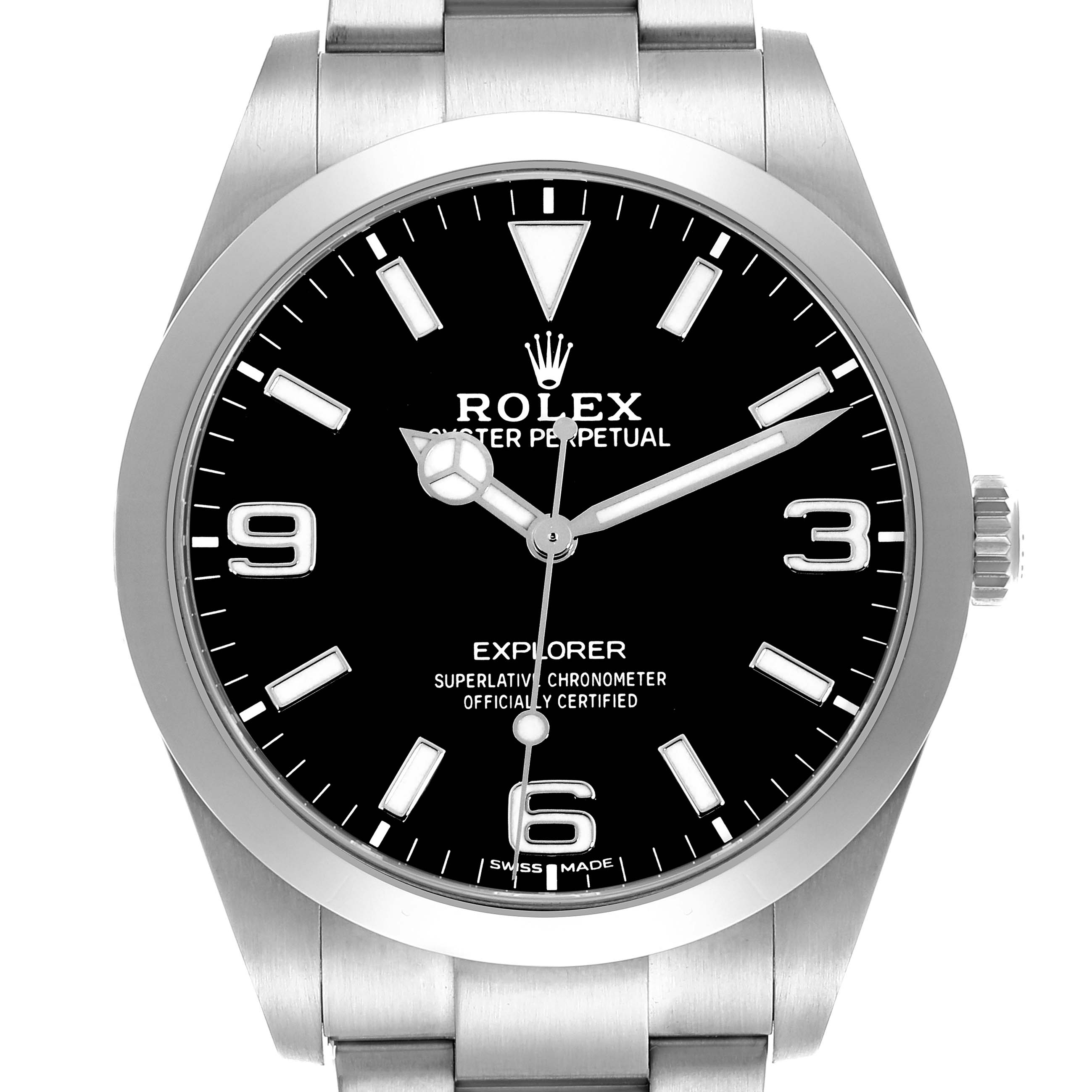 The Rolex Explorer 214270 Men's Stainless Steel Black Dial 214270 Men's Stainless Steel Black Dial is shown from a front angle, displaying its black dial, stainless steel bezel, and part of the bracelet.