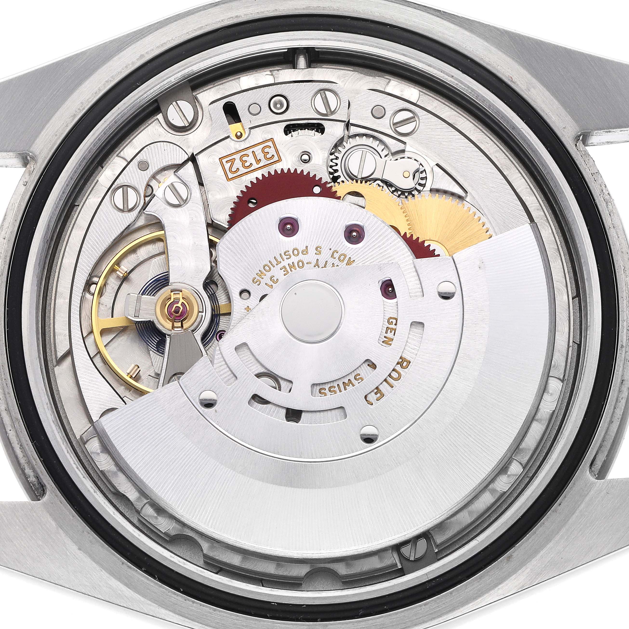The image shows the internal movement of a Rolex Explorer 214270 Men's Stainless Steel Black Dial 214270 Men's Stainless Steel Black Dial watch from a direct top-down angle, highlighting gears and the rotor.