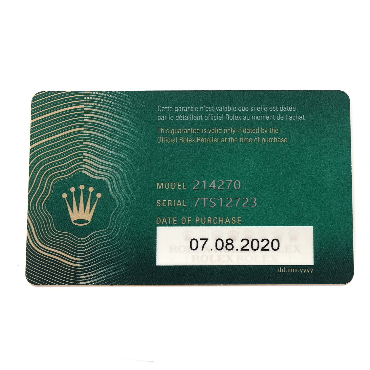 The image shows a guarantee card for the Rolex Explorer 214270 Men's Stainless Steel Black Dial 214270 Men's Stainless Steel Black Dial model 214270.