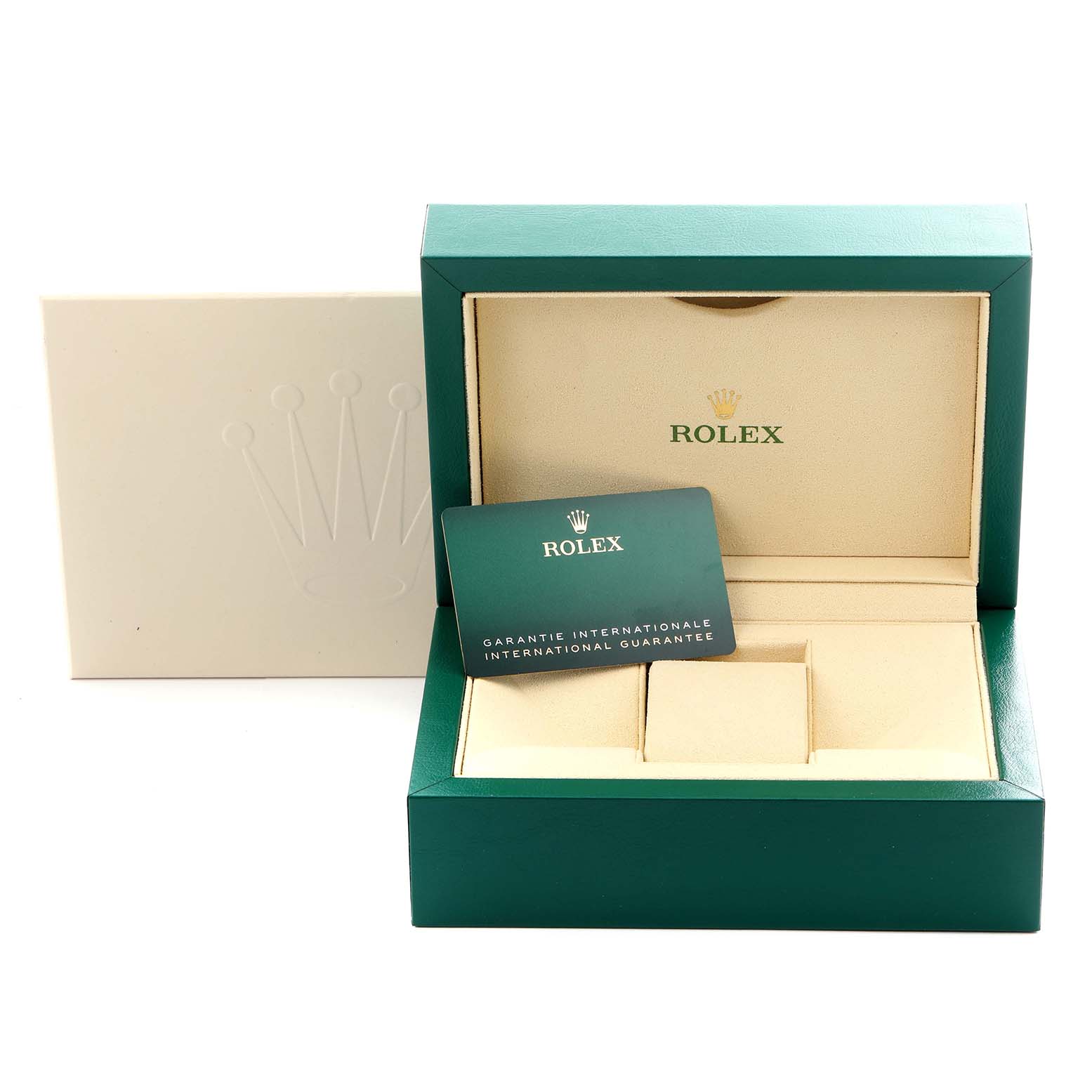 The image shows the packaging and guarantee card for a Rolex Explorer 214270 Men's Stainless Steel Black Dial 214270 Men's Stainless Steel Black Dial, featuring an open green box and card with logo.