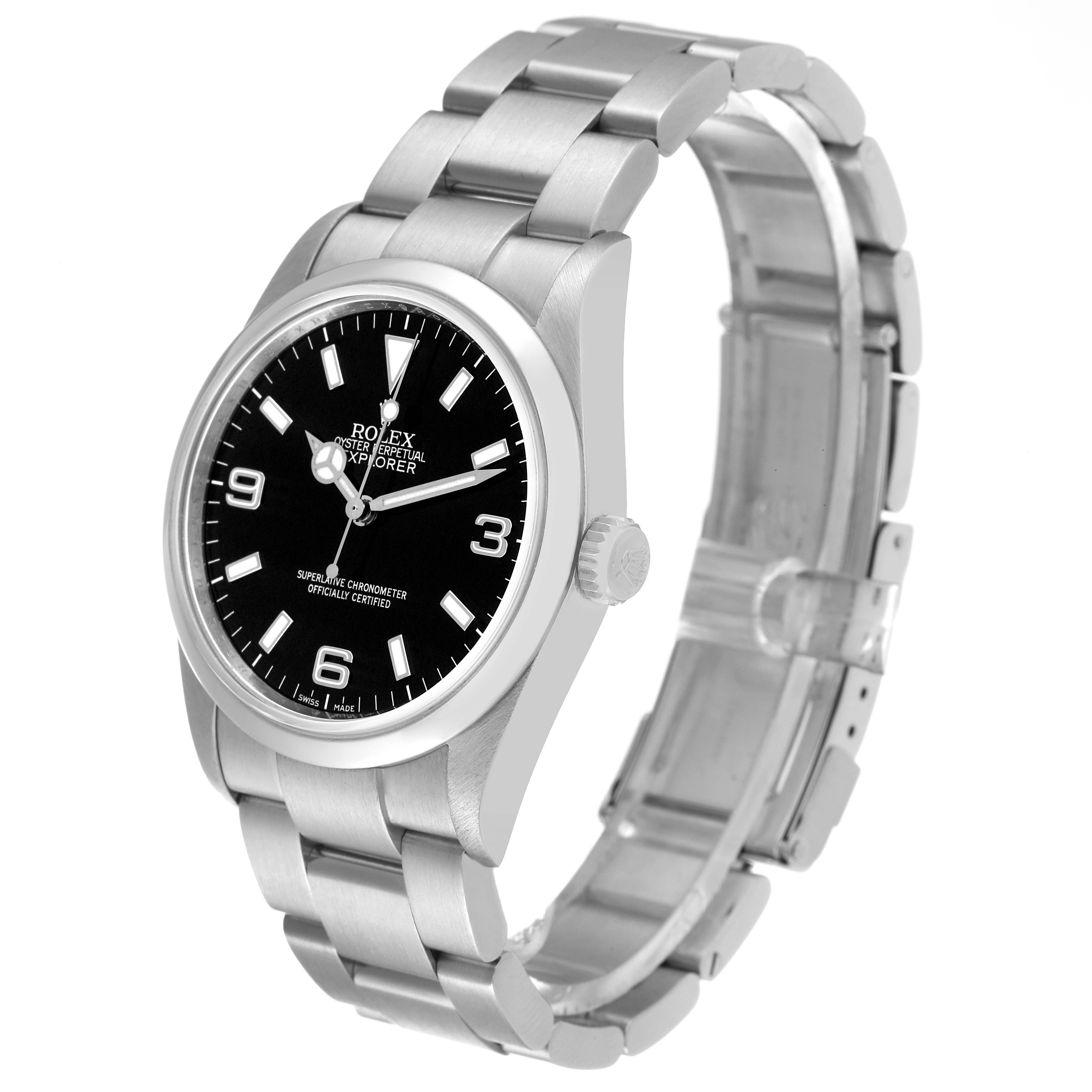 The image shows a side angle of the Rolex Explorer 114270 Men's Stainless Steel Black Dial 114270 Men's Stainless Steel Black Dial watch, highlighting its bracelet, bezel, and dial clearly.