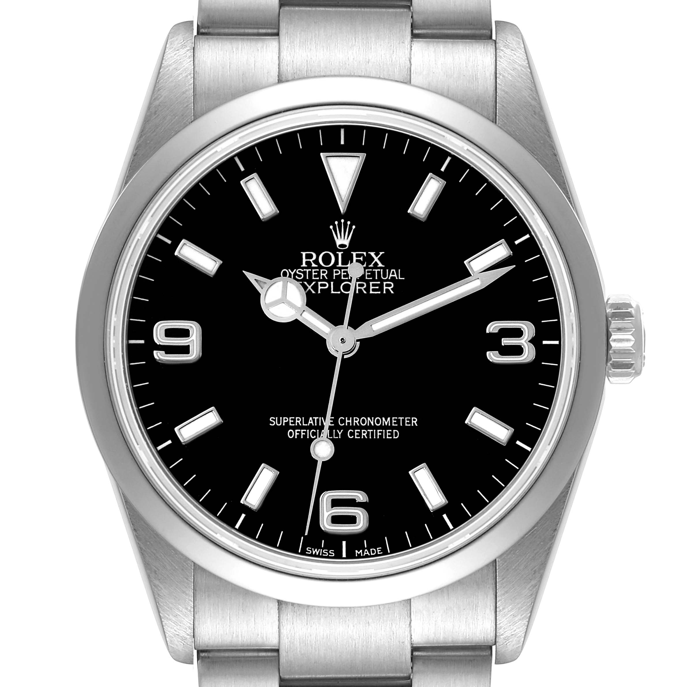 The image shows the front view of a Rolex Explorer 114270 Men's Stainless Steel Black Dial 114270 Men's Stainless Steel Black Dial watch, highlighting its black dial and stainless steel bracelet.
