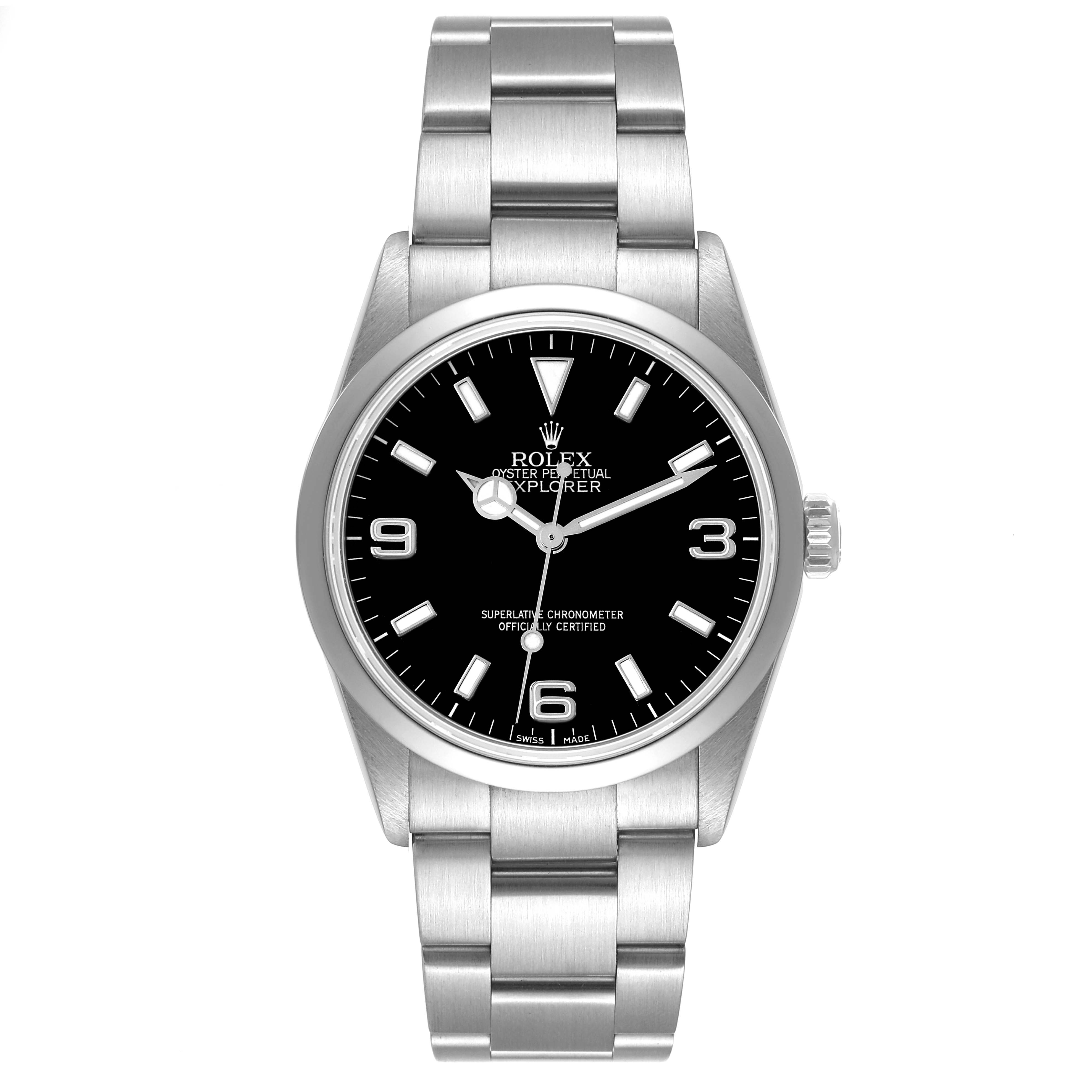 The image shows a front view of a Rolex Explorer 114270 Men's Stainless Steel Black Dial 114270 Men's Stainless Steel Black Dial watch, highlighting its dial, bracelet, and crown.