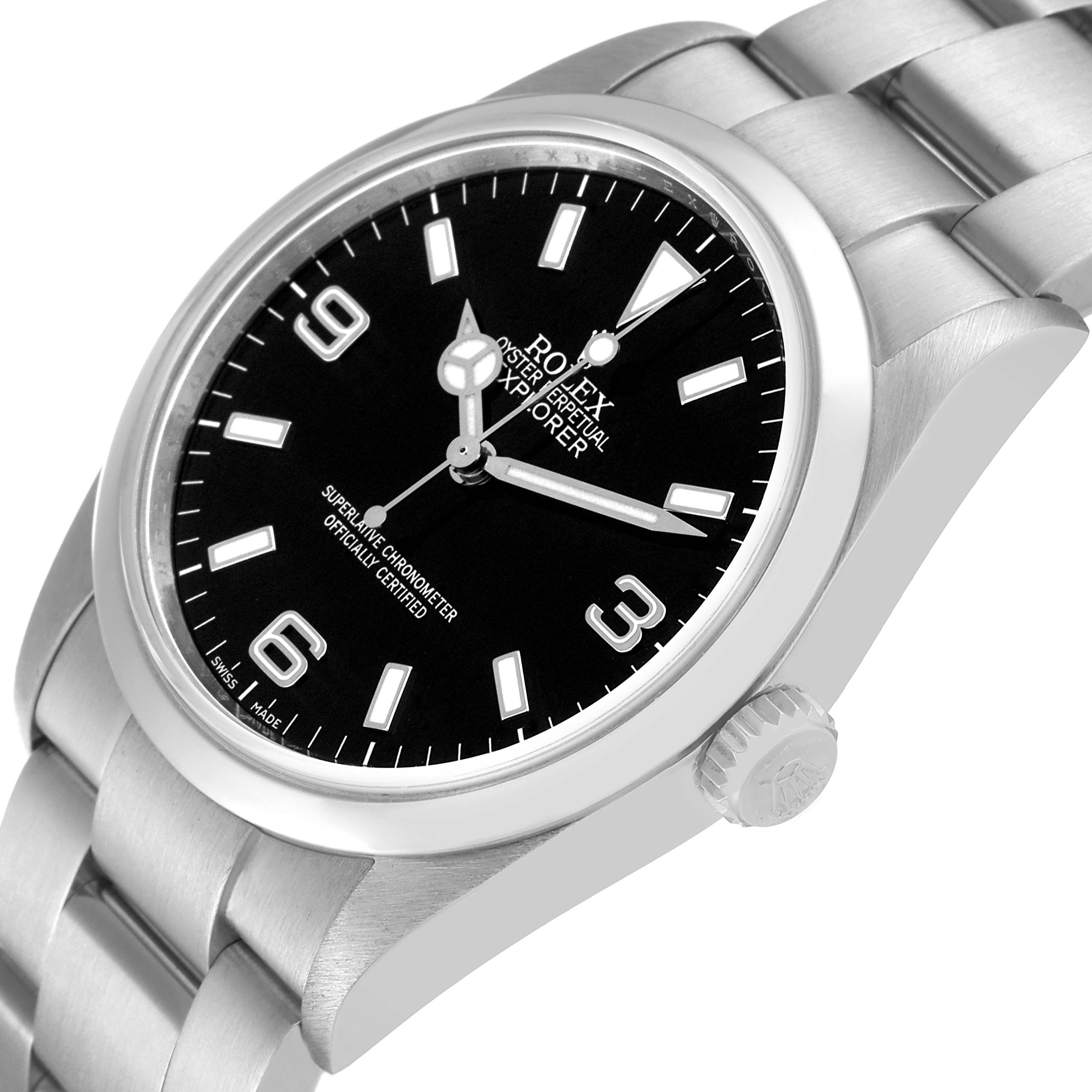 The Rolex Explorer 114270 Men's Stainless Steel Black Dial 114270 Men's Stainless Steel Black Dial watch is shown at a slight angle, displaying its black dial, silver bracelet, crown, and smooth bezel.