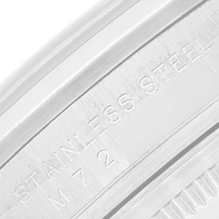 This close-up image shows the engraved stainless steel part of the Rolex Explorer 114270 Men's Stainless Steel Black Dial 114270 Men's Stainless Steel Black Dial watch bezel.