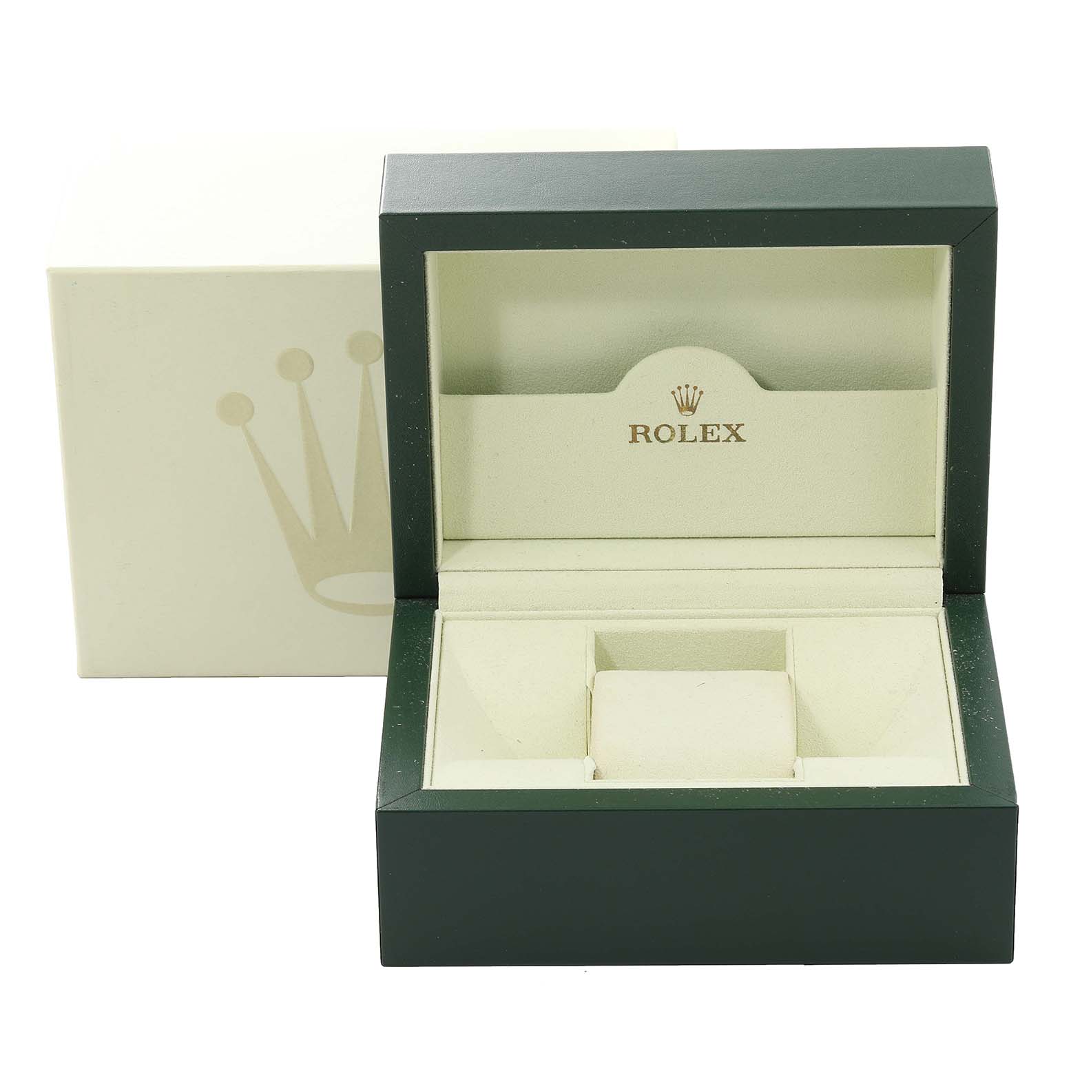 This image shows an open Rolex watch box, featuring a green exterior and beige interior with the Rolex logo, suitable for the Explorer model.