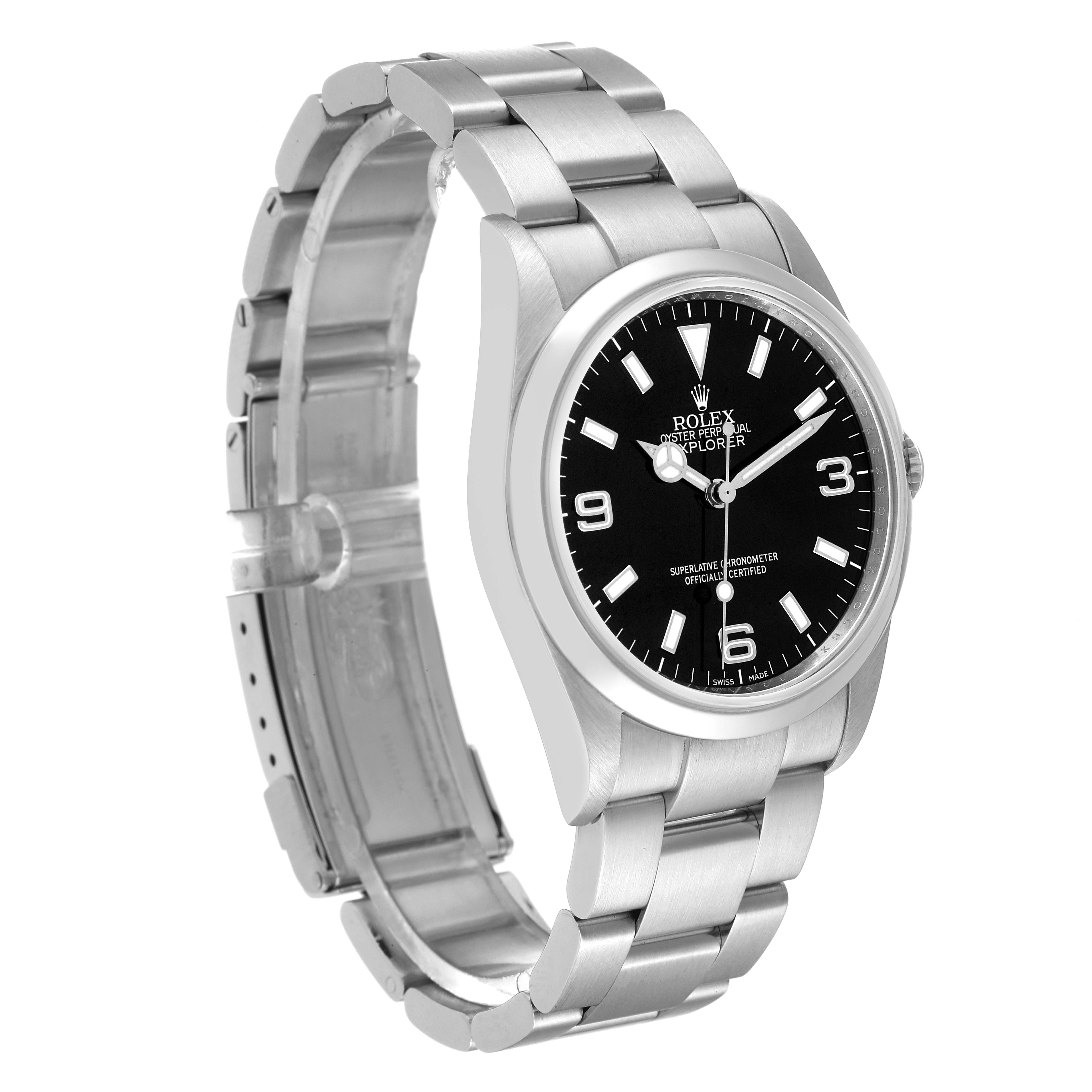 The Rolex Explorer 114270 Men's Stainless Steel Black Dial 114270 Men's Stainless Steel Black Dial watch is shown at a three-quarter angle displaying its face, bracelet, and clasp.