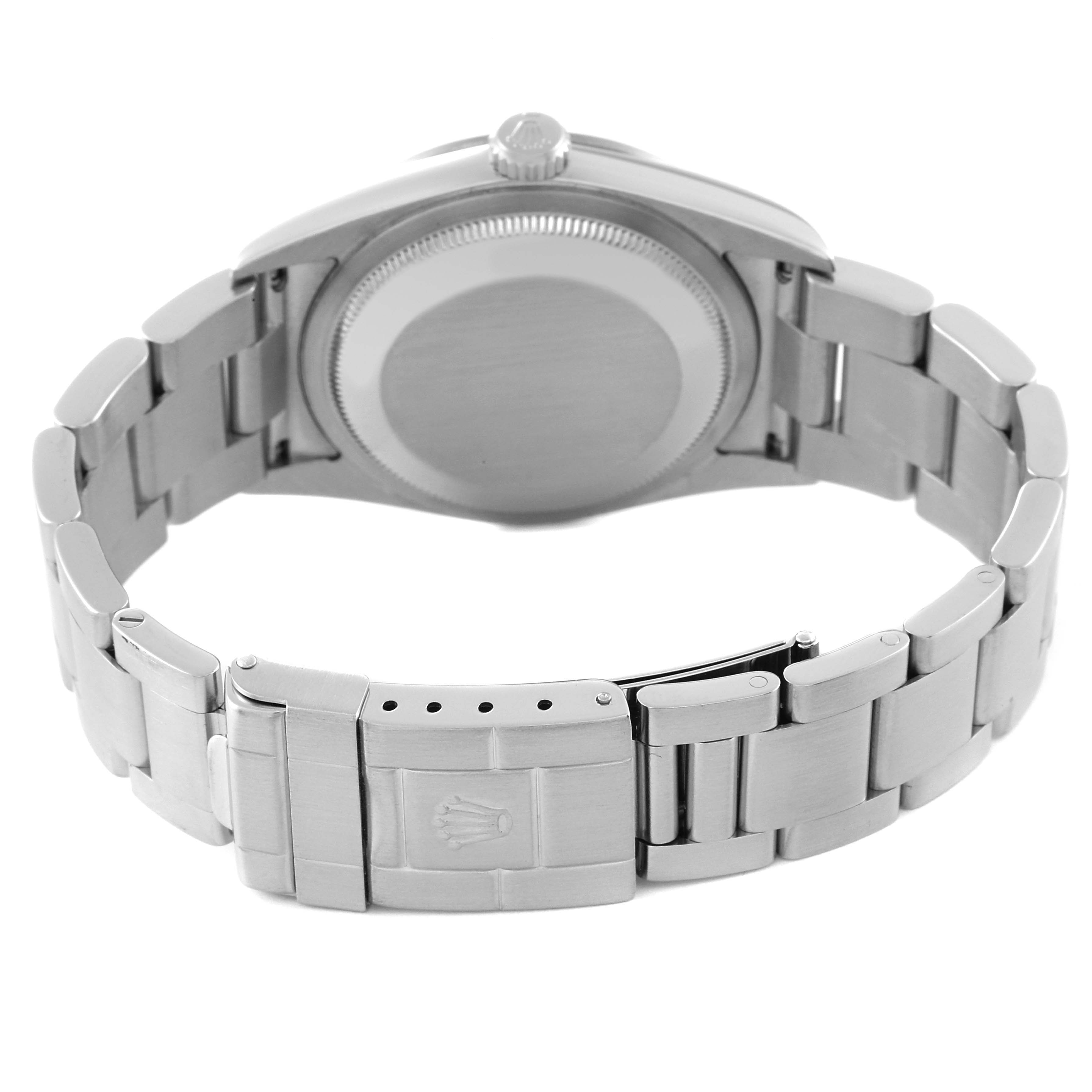 The image shows the back and clasp of a Rolex Explorer 114270 Men's Stainless Steel Black Dial 114270 Men's Stainless Steel Black Dial model watch from a rear angle.