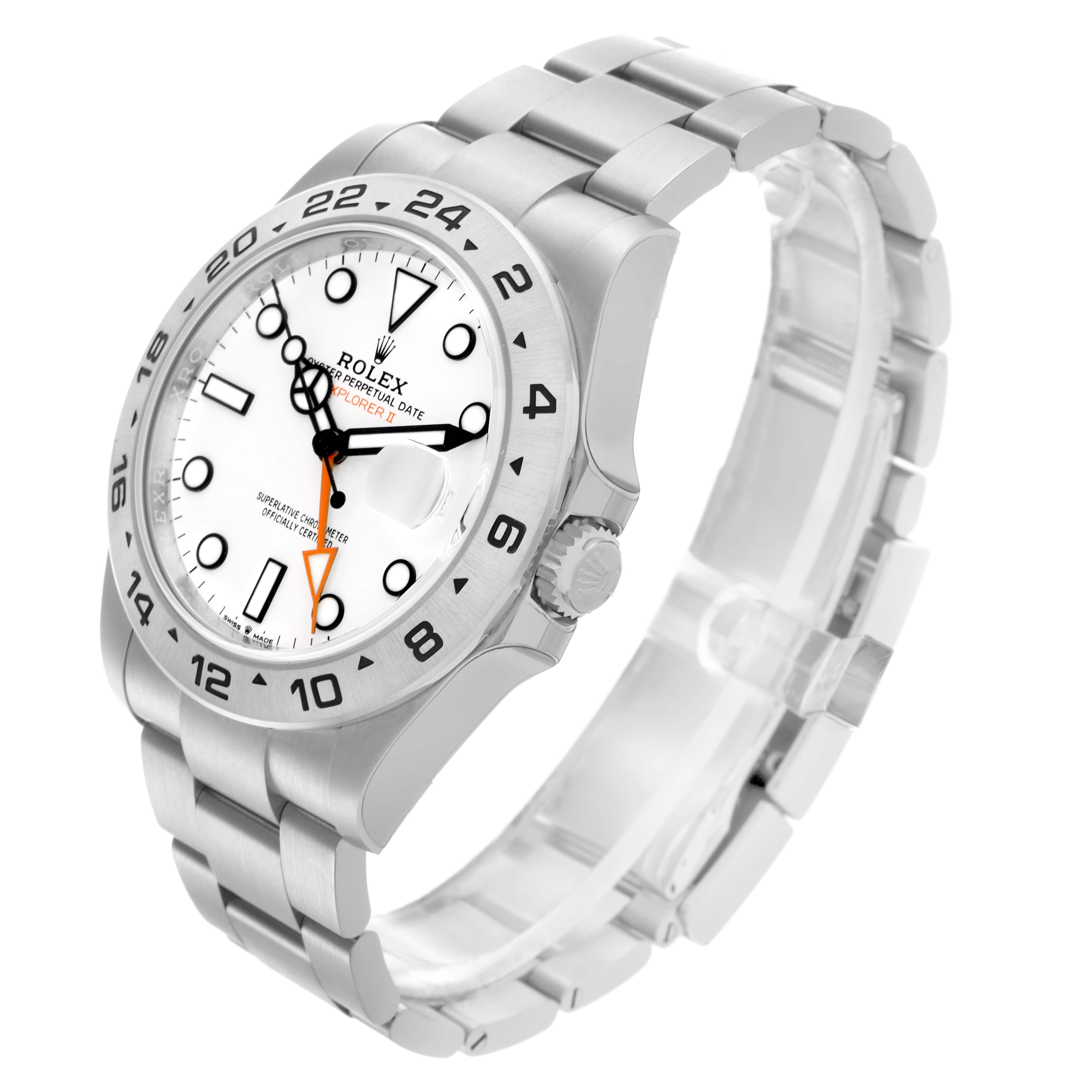 The Rolex Explorer 226570 Men's Stainless Steel White Dial 226570 Men's Stainless Steel White Dial model is shown at a slight angle, highlighting the face, bezel, crown, and bracelet.