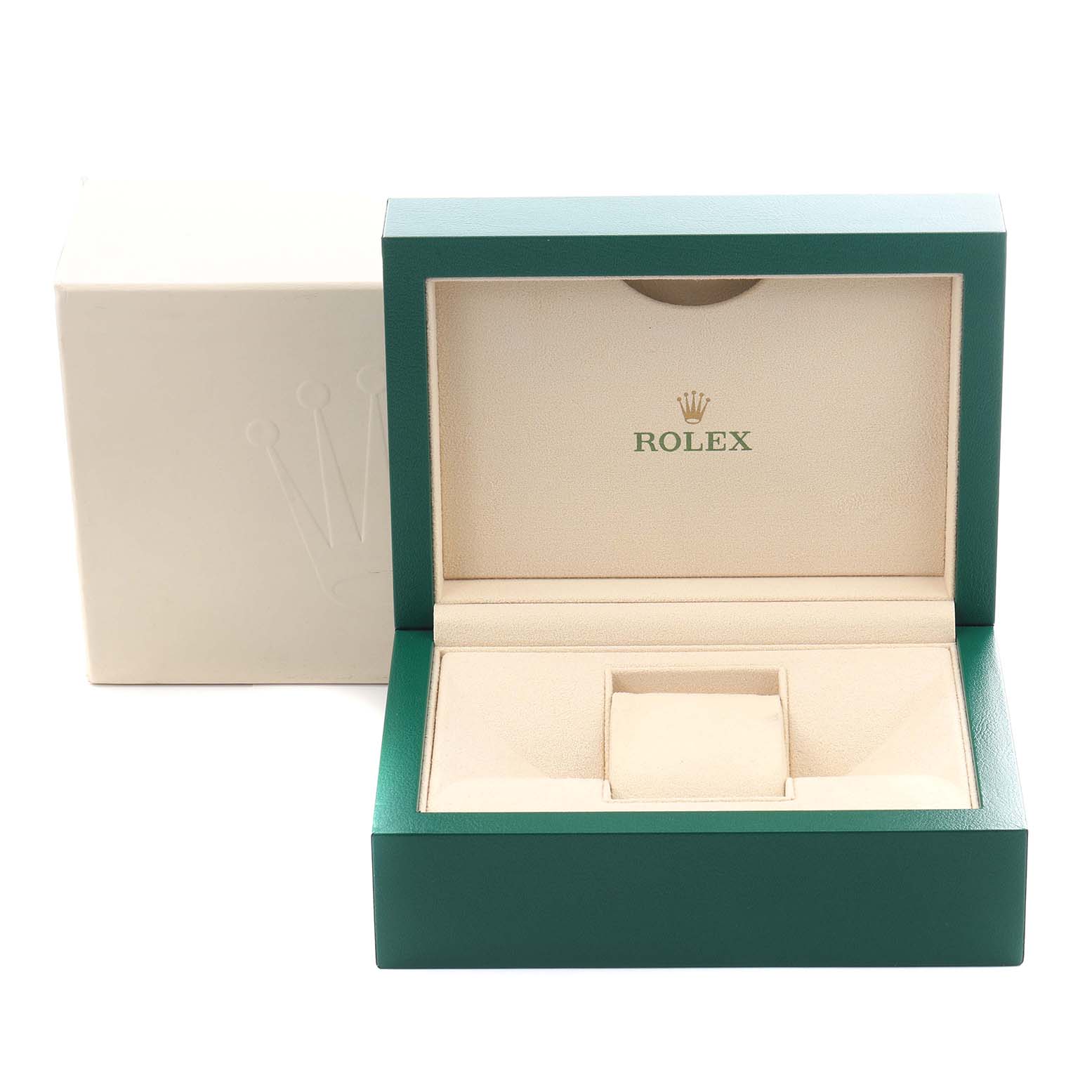 The image shows a partially open green and beige Rolex Explorer 226570 Men's Stainless Steel White Dial 226570 Men's Stainless Steel White Dial watch box, viewed from the front.