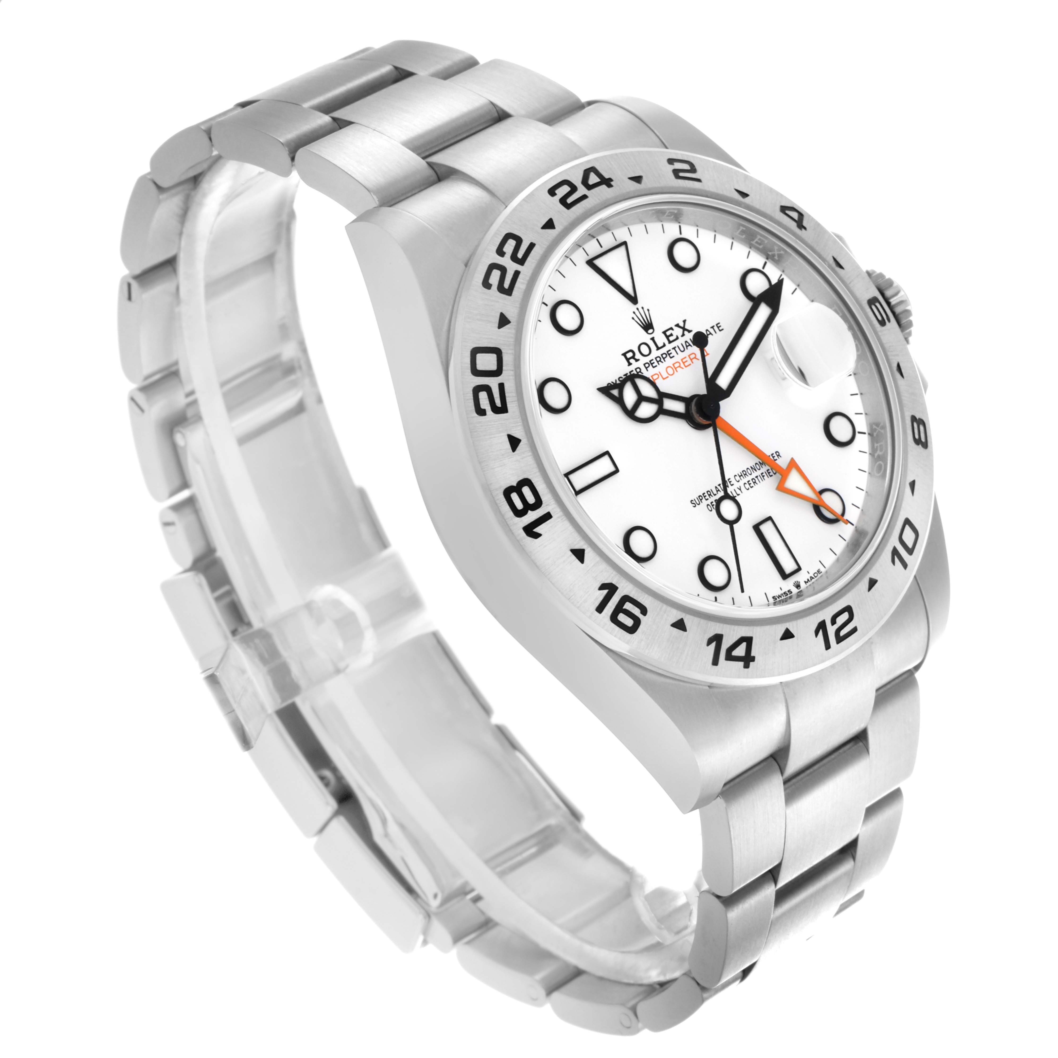 The Rolex Explorer 226570 Men's Stainless Steel White Dial 226570 Men's Stainless Steel White Dial watch is shown at a slight angle, displaying the face, bezel, and bracelet.