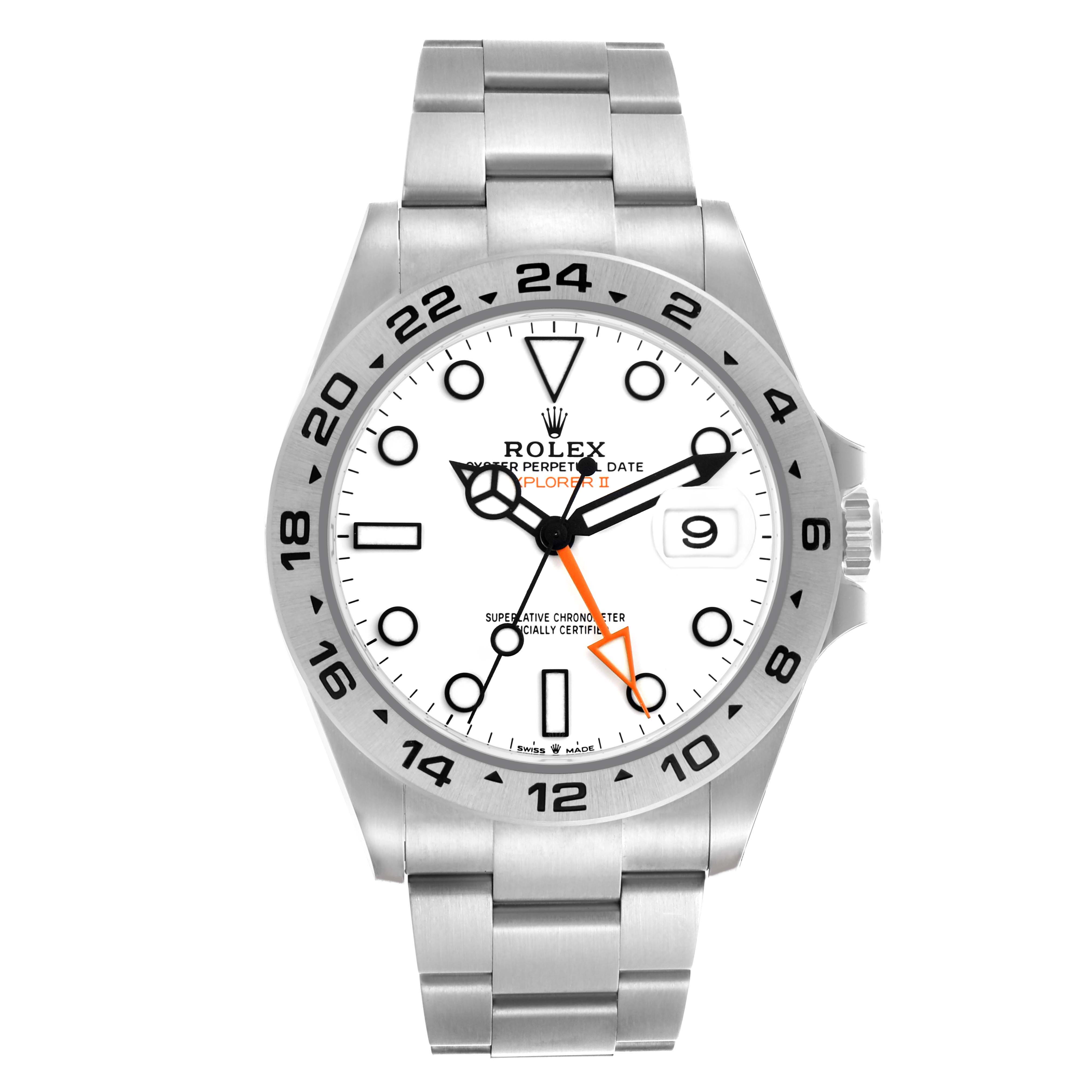 The Rolex Explorer 226570 Men's Stainless Steel White Dial 226570 Men's Stainless Steel White Dial model is shown from a front angle, displaying the dial, bezel, and bracelet clearly.