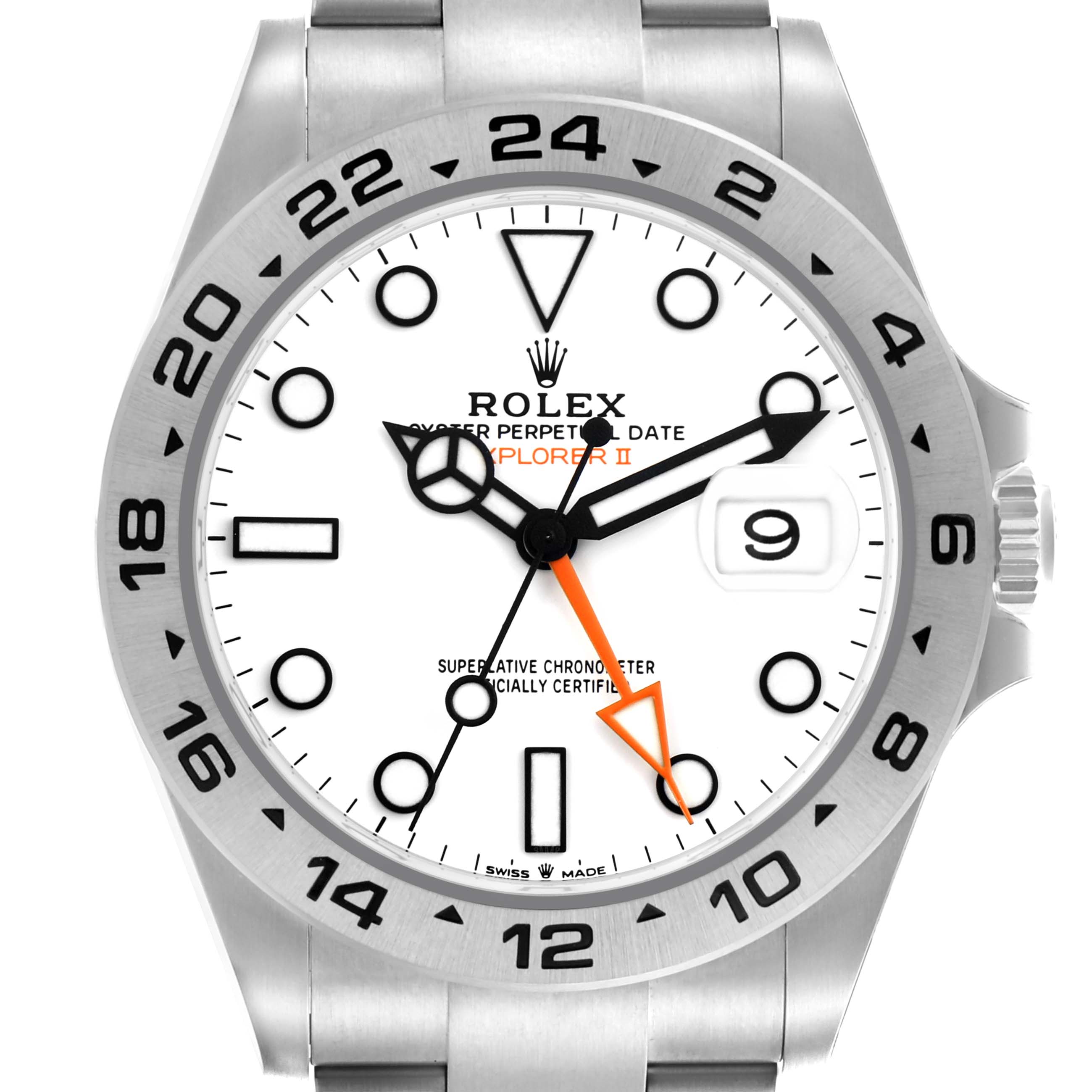 The Rolex Explorer 226570 Men's Stainless Steel White Dial 226570 Men's Stainless Steel White Dial watch is shown in a front view, featuring its face, bezel, and partial bracelet.