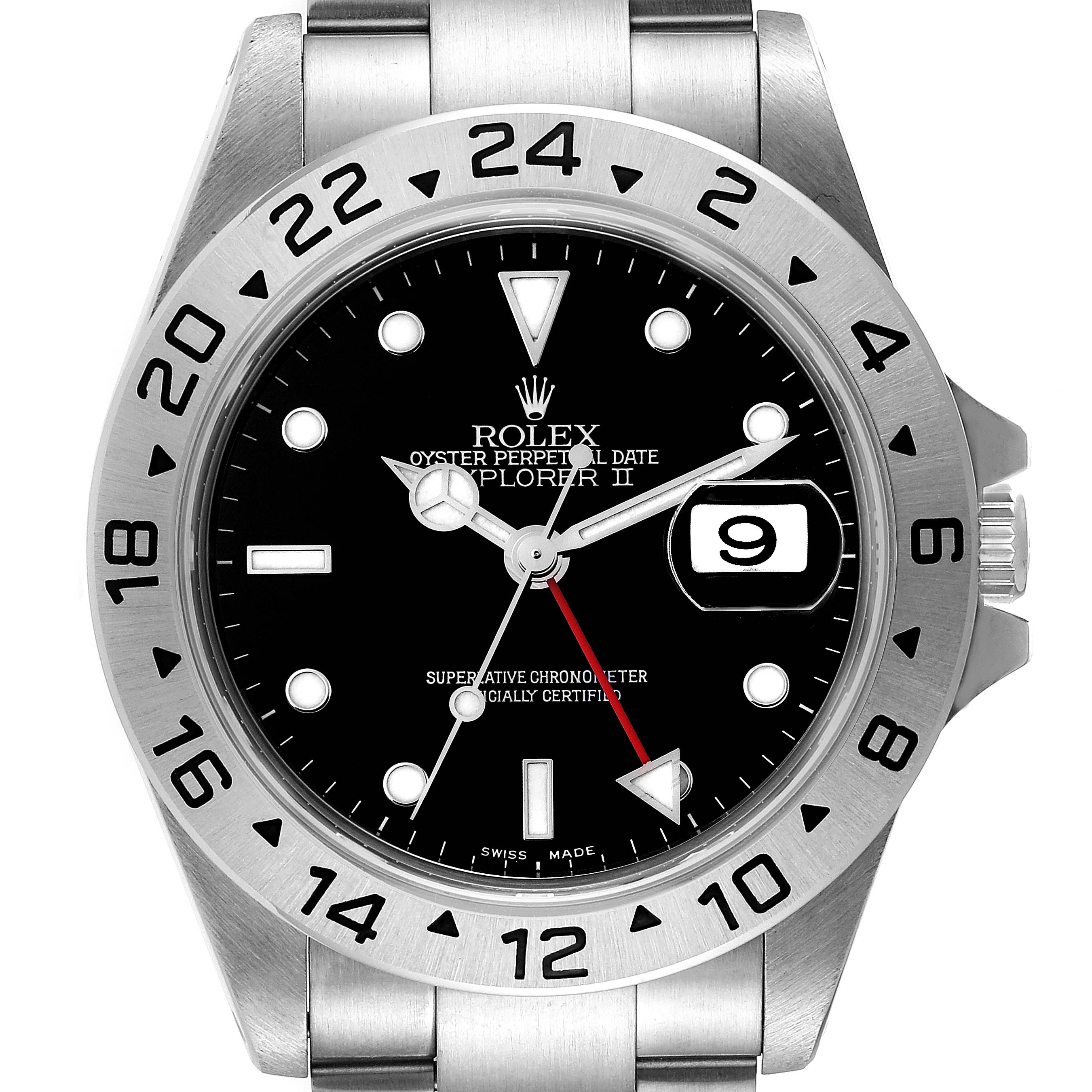 The image shows a front view of the Rolex Explorer 16570 Men
s Stainless Steel Black Dial 16570 Men
s Stainless Steel Black Dial watch, highlighting its bezel, dial, hands, and date window.
