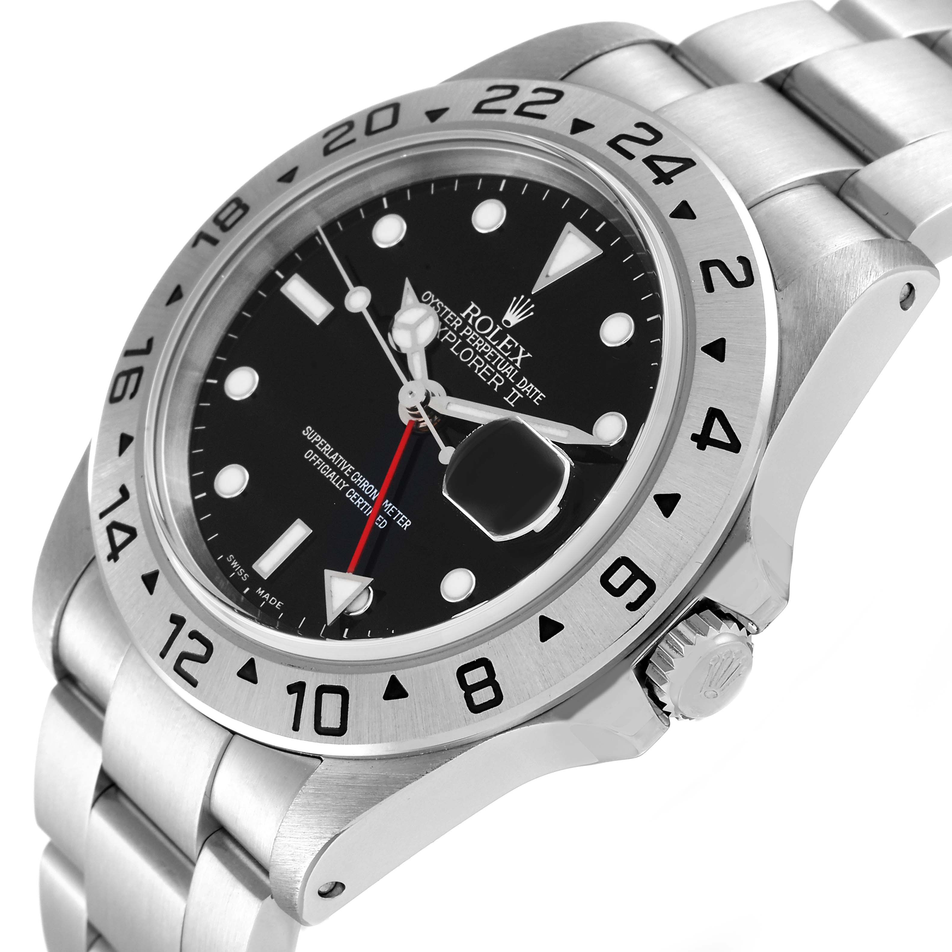 This image shows a close-up angle of the Rolex Explorer 16570 Men
s Stainless Steel Black Dial 16570 Men
s Stainless Steel Black Dial watch displaying its dial, bezel, crown, and part of the bracelet.