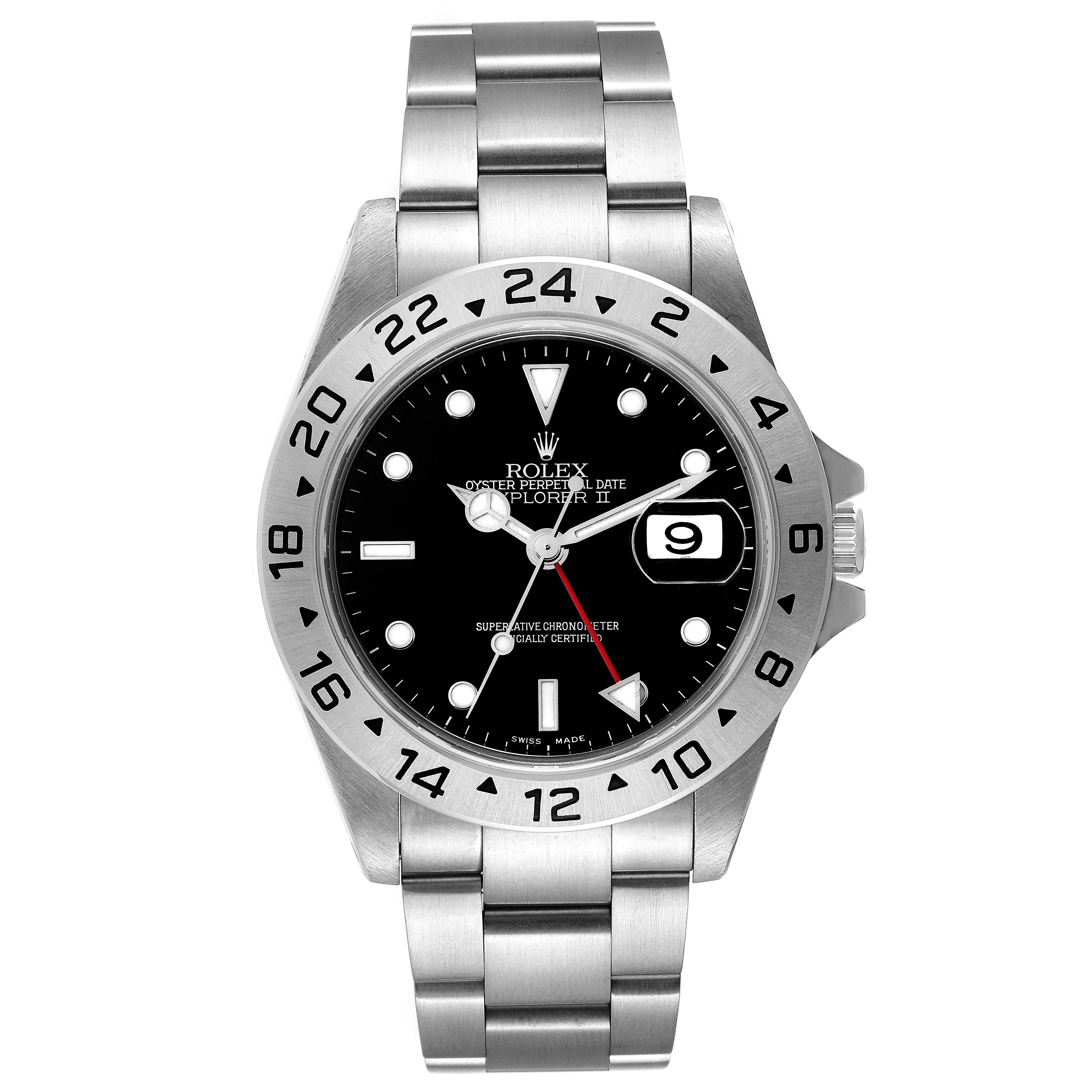 This image shows a front view of the Rolex Explorer 16570 Men
s Stainless Steel Black Dial 16570 Men
s Stainless Steel Black Dial watch, displaying its dial, bezel, and bracelet.