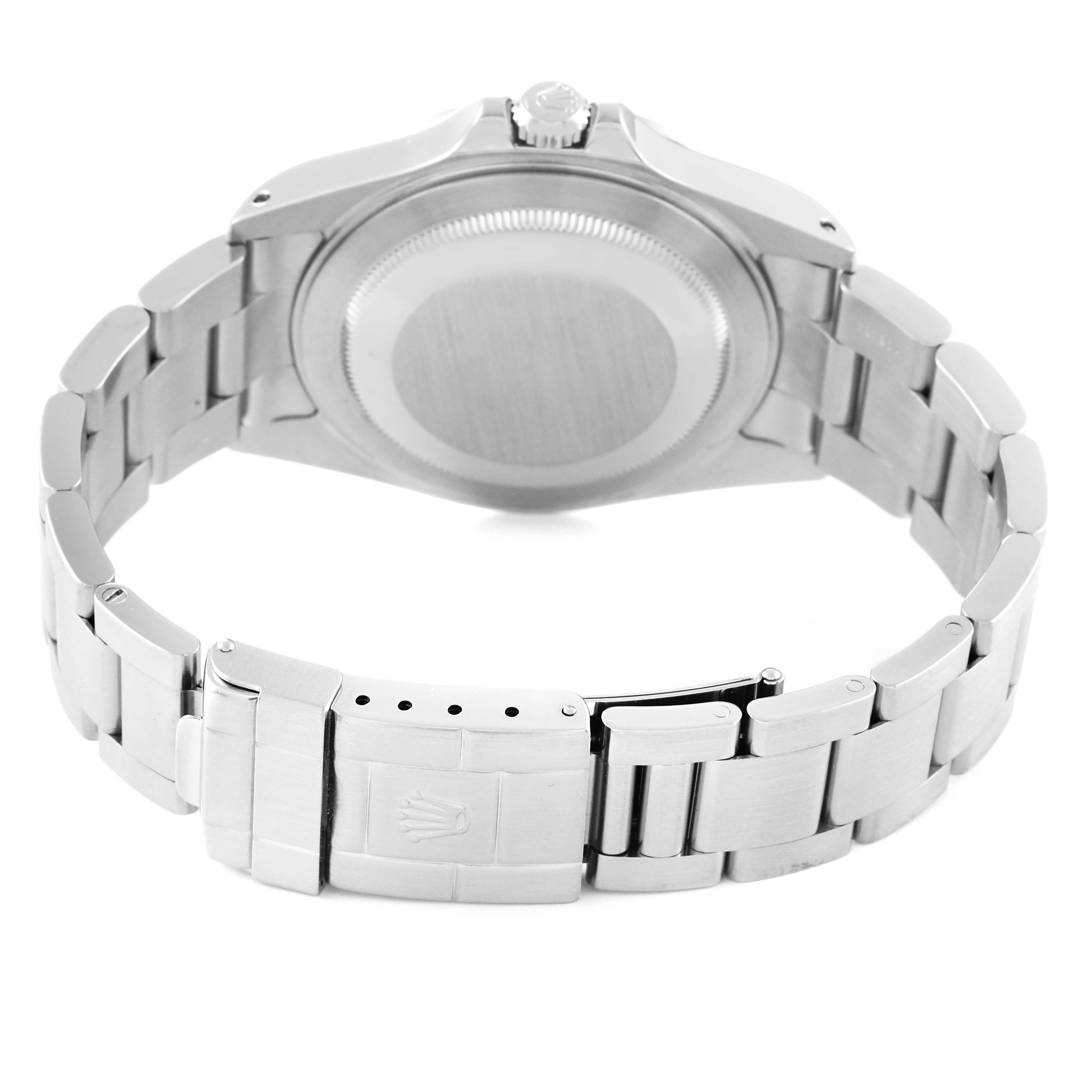 The image shows the back view and bracelet of the Rolex Explorer 16570 Men
s Stainless Steel Black Dial 16570 Men
s Stainless Steel Black Dial watch, including the case back and clasp.