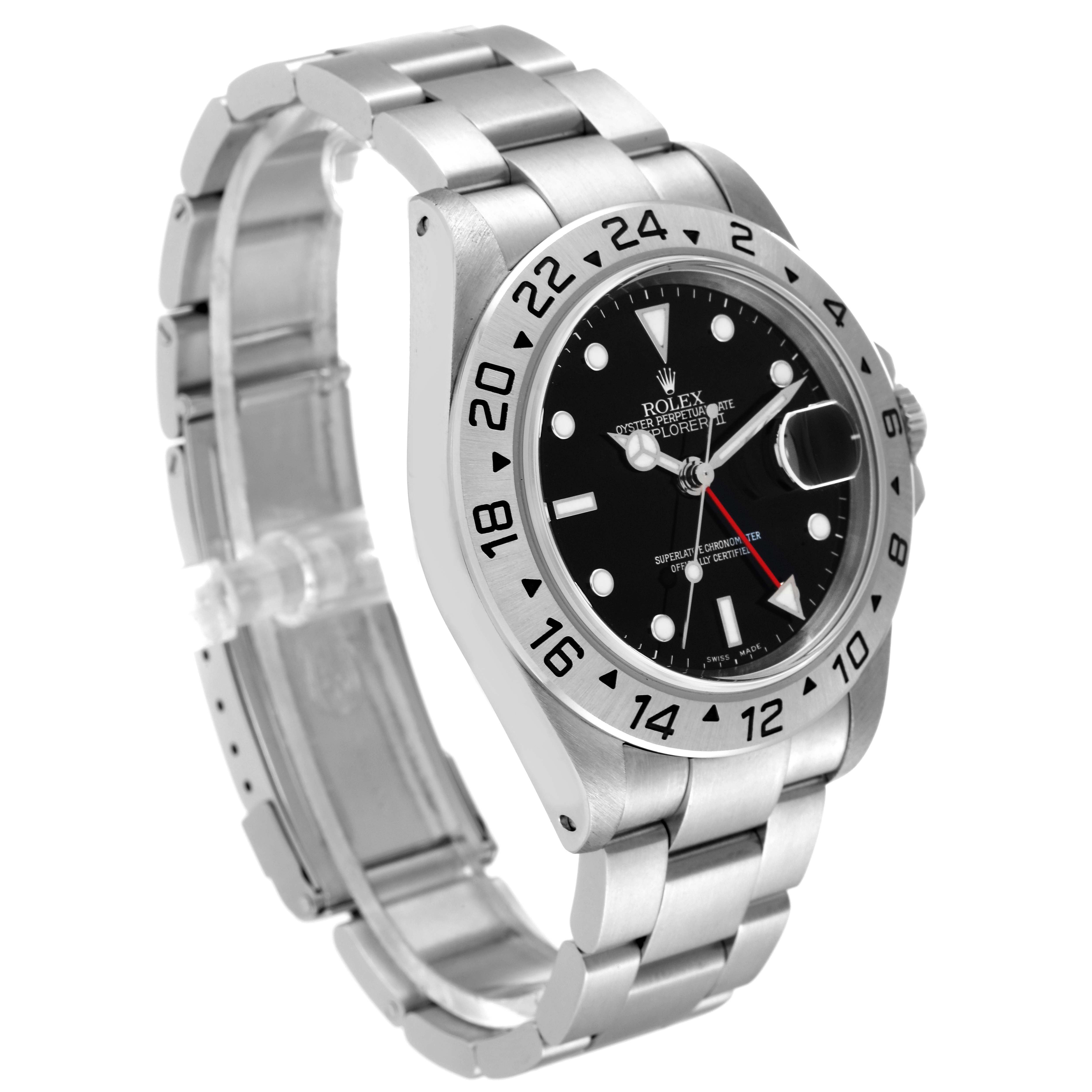 The Rolex Explorer 16570 Men
s Stainless Steel Black Dial 16570 Men
s Stainless Steel Black Dial watch is shown at a three-quarter angle, highlighting its stainless steel bracelet, bezel, and black dial.
