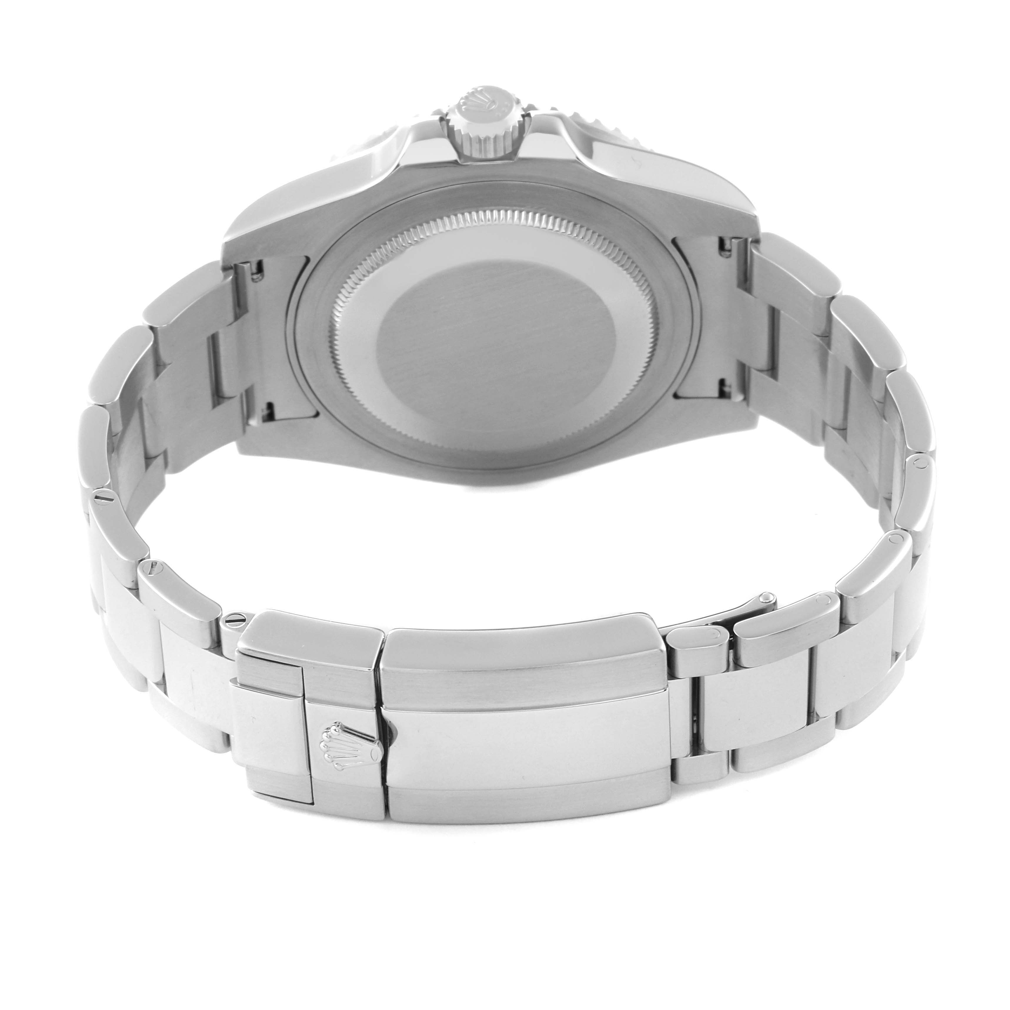 The image shows the back view of a Rolex GMT-Master 116710 Men
s Stainless Steel Black Dial 116710 Men
s Stainless Steel Black Dial watch, highlighting its case back and bracelet clasp.