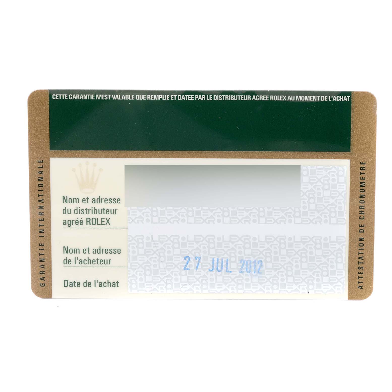 This image shows a warranty card for a Rolex GMT-Master 116710 Men
s Stainless Steel Black Dial 116710 Men
s Stainless Steel Black Dial, indicating purchase and distributor details.