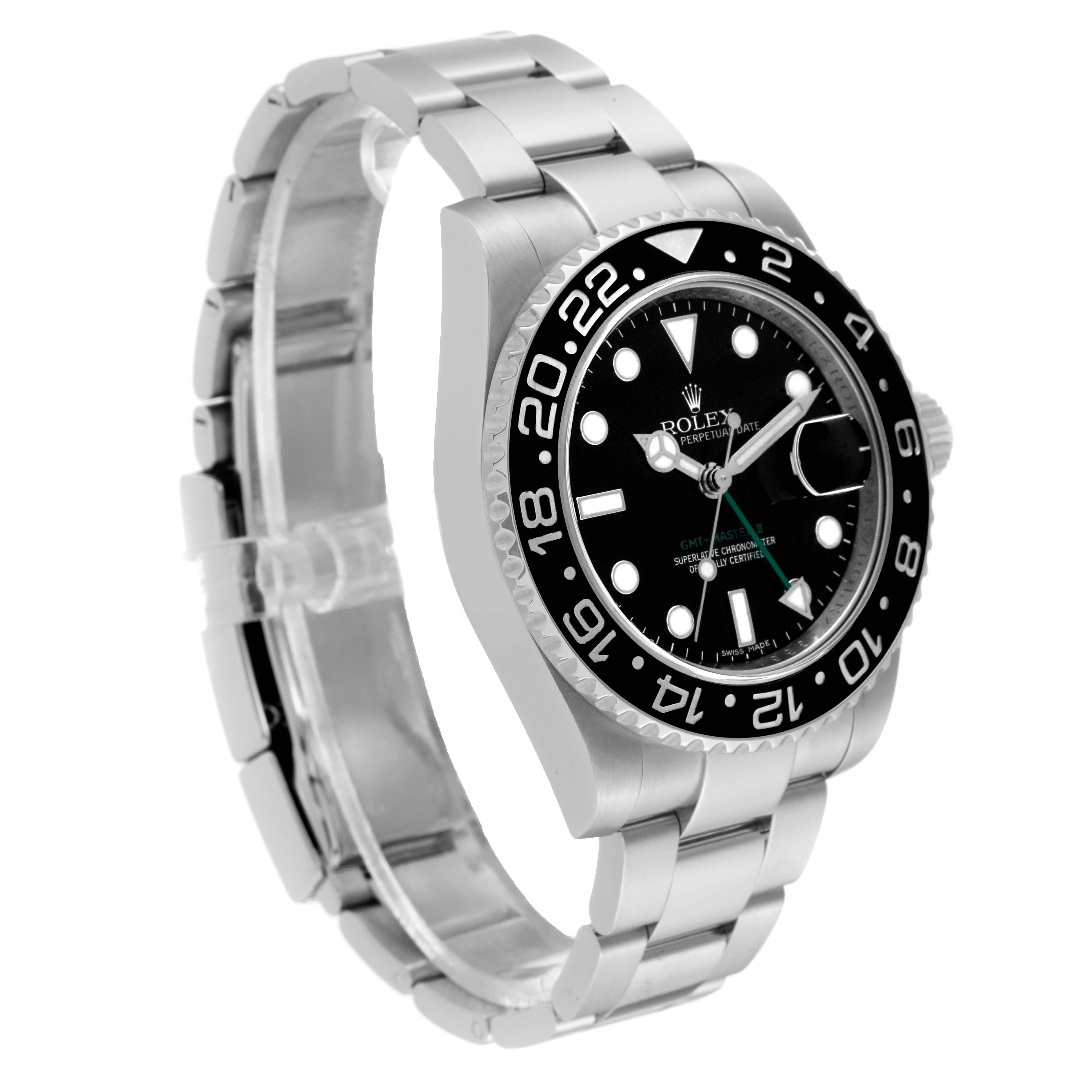 The image shows a Rolex GMT-Master 116710 Men
s Stainless Steel Black Dial 116710 Men
s Stainless Steel Black Dial watch at an angle highlighting its stainless steel bracelet and black bezel.