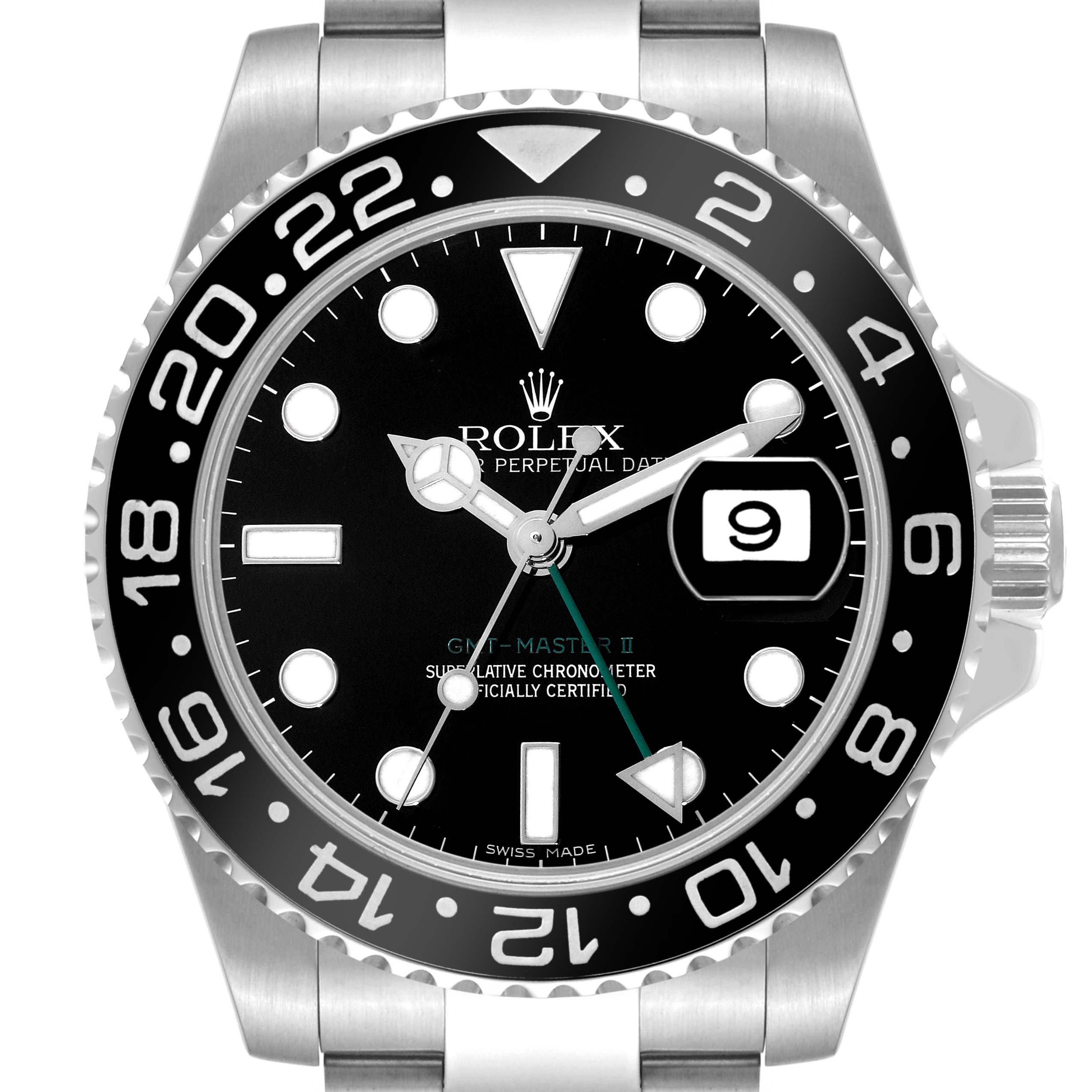 The image shows a front view of a Rolex GMT-Master 116710 Men
s Stainless Steel Black Dial 116710 Men
s Stainless Steel Black Dial II watch, displaying the face, bezel, and part of the bracelet.