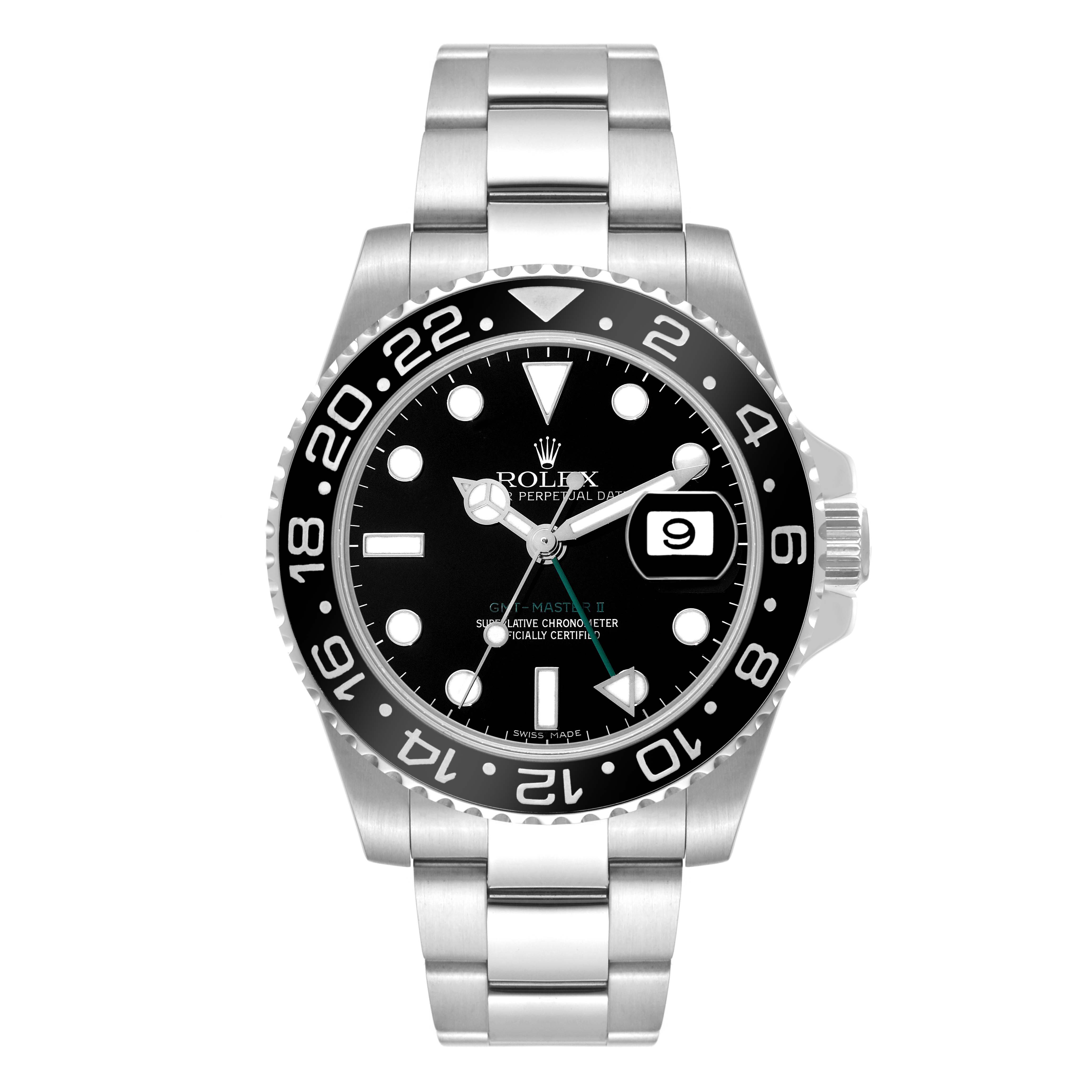The image shows a frontal view of the Rolex GMT-Master 116710 Men
s Stainless Steel Black Dial 116710 Men
s Stainless Steel Black Dial II watch, displaying the face, bezel, and bracelet.