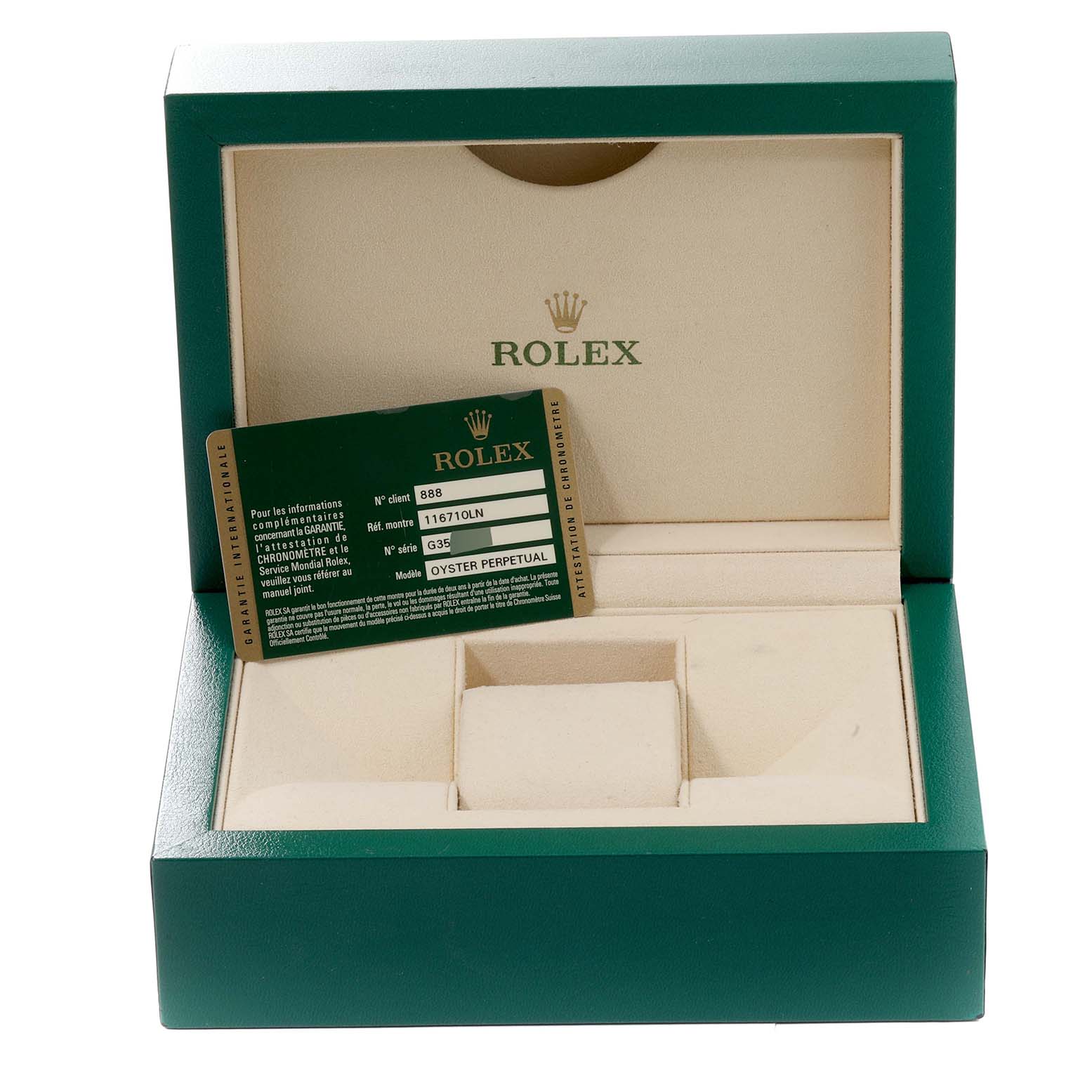 The image shows an open Rolex box for the GMT-Master model, with a certification card placed inside.