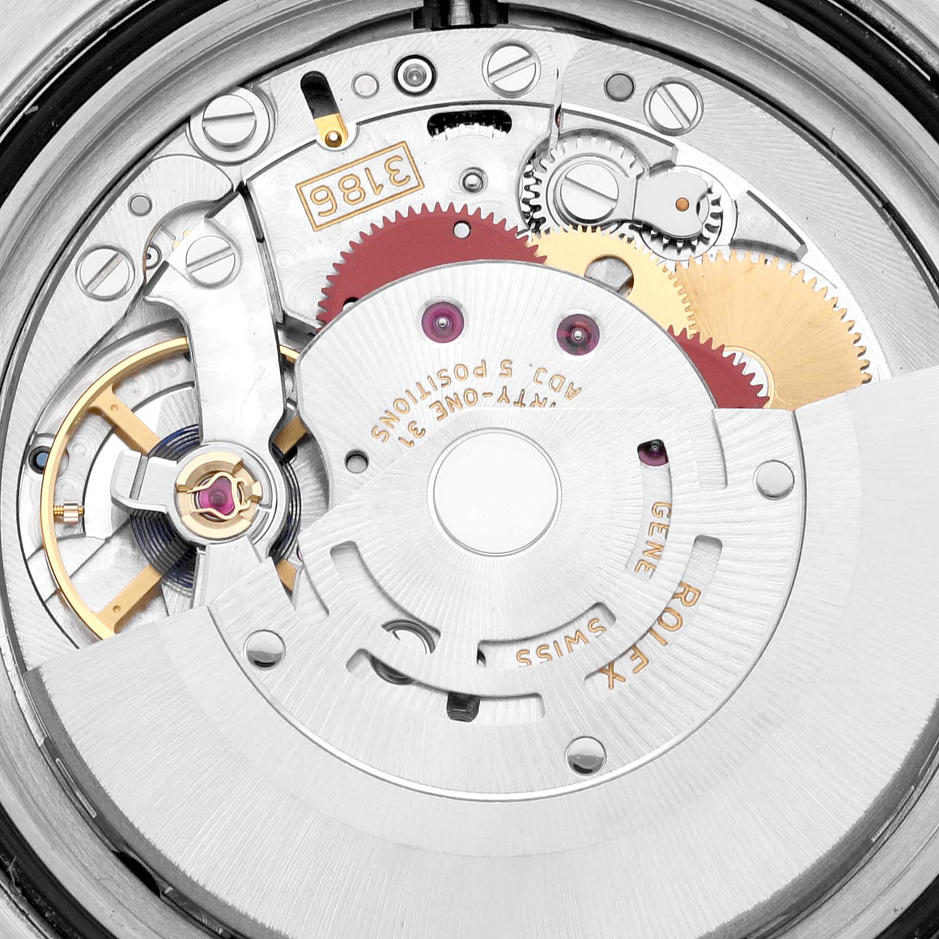 The image shows the internal movement mechanism of a Rolex GMT-Master 116710 Men
s Stainless Steel Black Dial 116710 Men
s Stainless Steel Black Dial watch at a close-up angle.