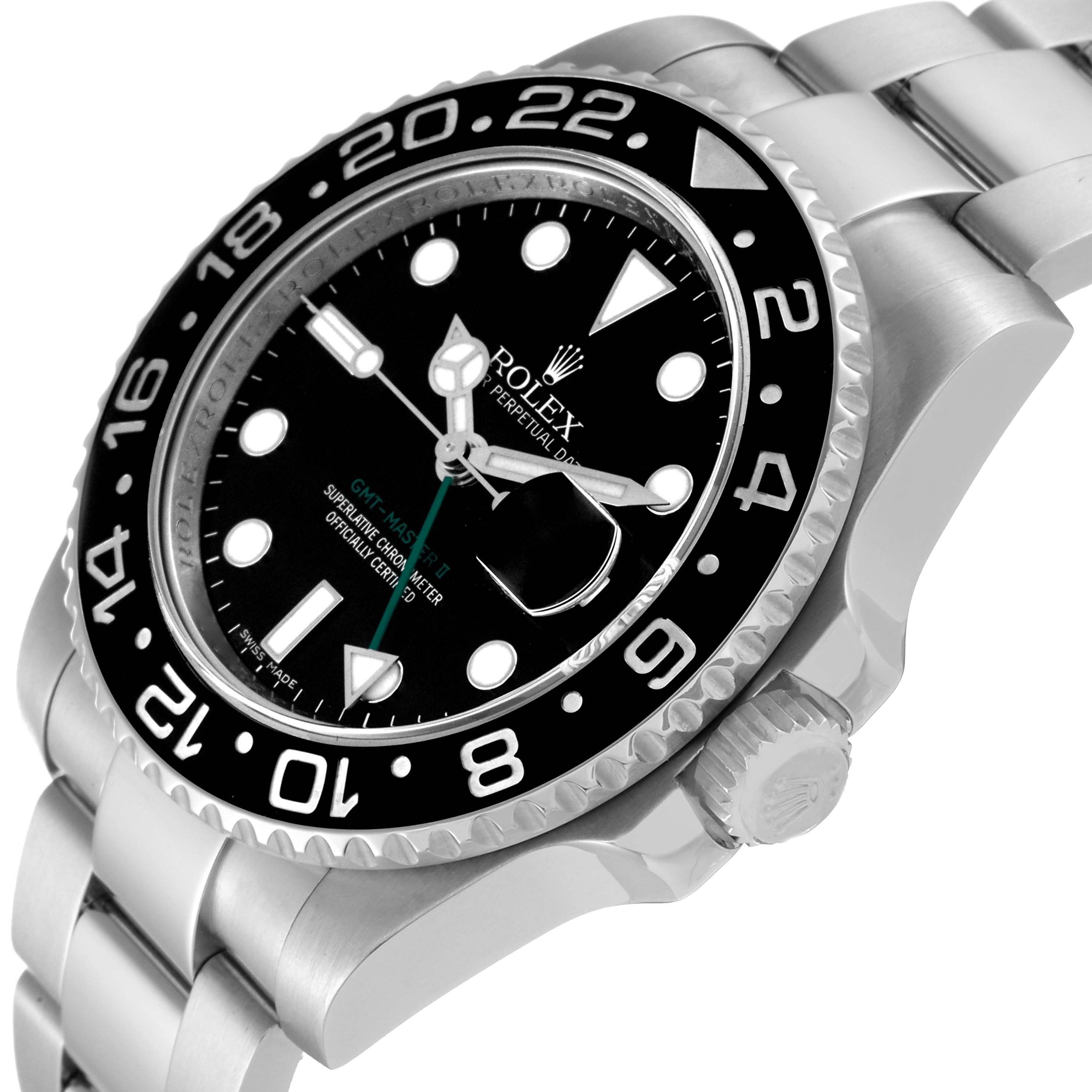 The image shows a close-up, angled view of the Rolex GMT-Master 116710 Men
s Stainless Steel Black Dial 116710 Men
s Stainless Steel Black Dial watch, highlighting the dial, bezel, and part of the bracelet.