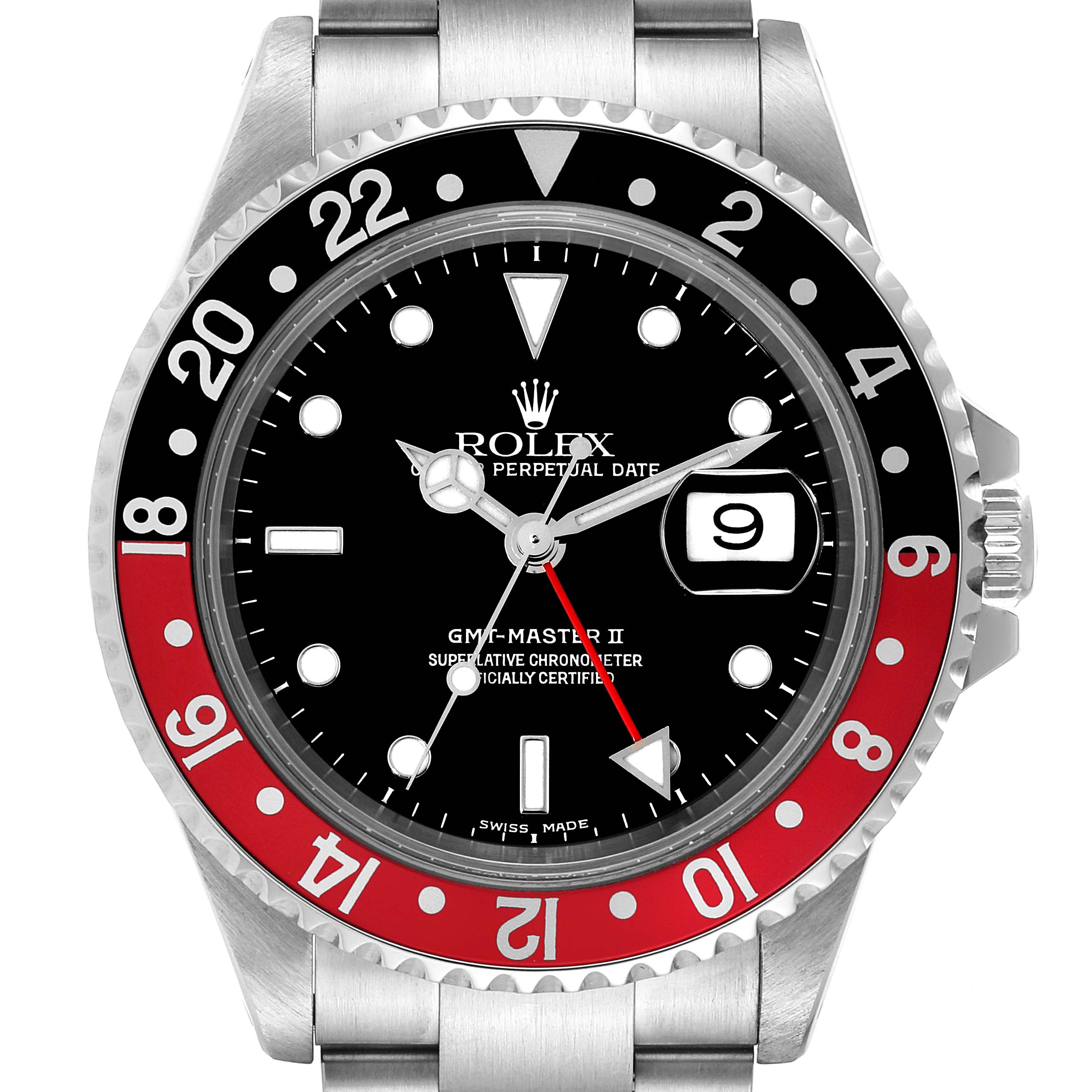 The image shows a front view of a Rolex GMT-Master 16710 Men
s Stainless Steel Black Dial 16710 Men
s Stainless Steel Black Dial II watch, highlighting the bezel, dial, hands, and the date window.