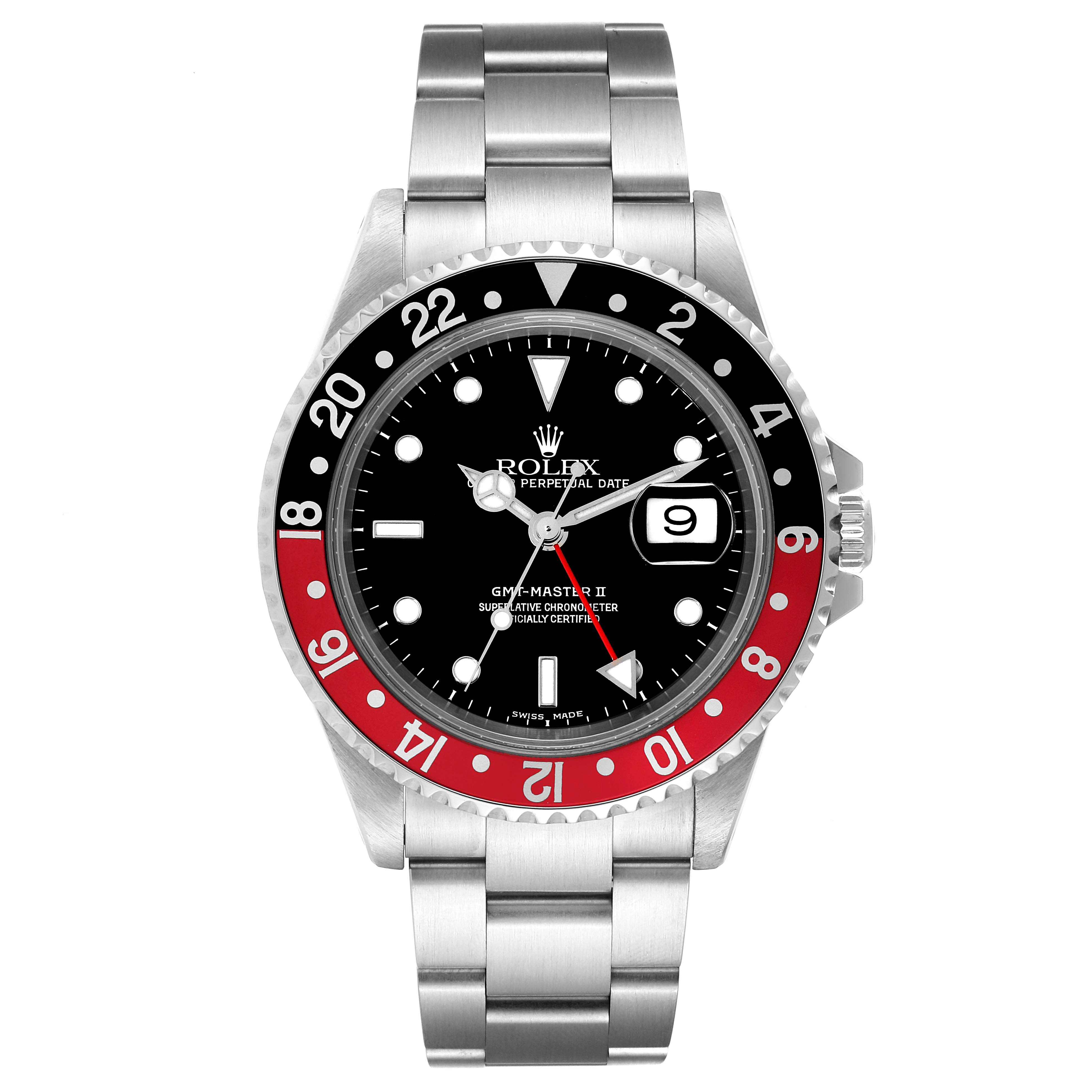 The image shows a front view of a Rolex GMT-Master 16710 Men
s Stainless Steel Black Dial 16710 Men
s Stainless Steel Black Dial II watch, featuring its face, bezel, and bracelet.